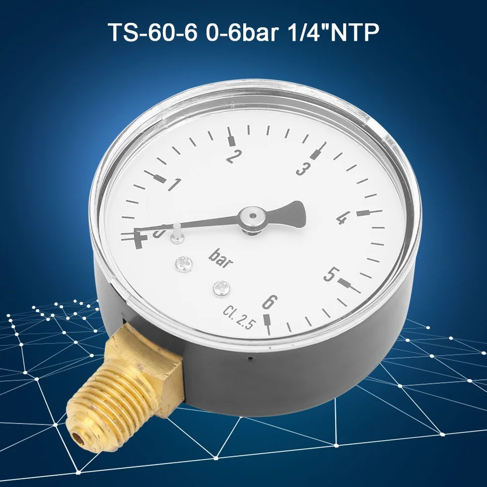 1/4" NPT ekonomiczny uniwersalny manometr, 0-6 barów, hydrauliczny miernik ciśnienia powietrza z 6 cm płytką tarczową, manometr z bocznym mocowaniem