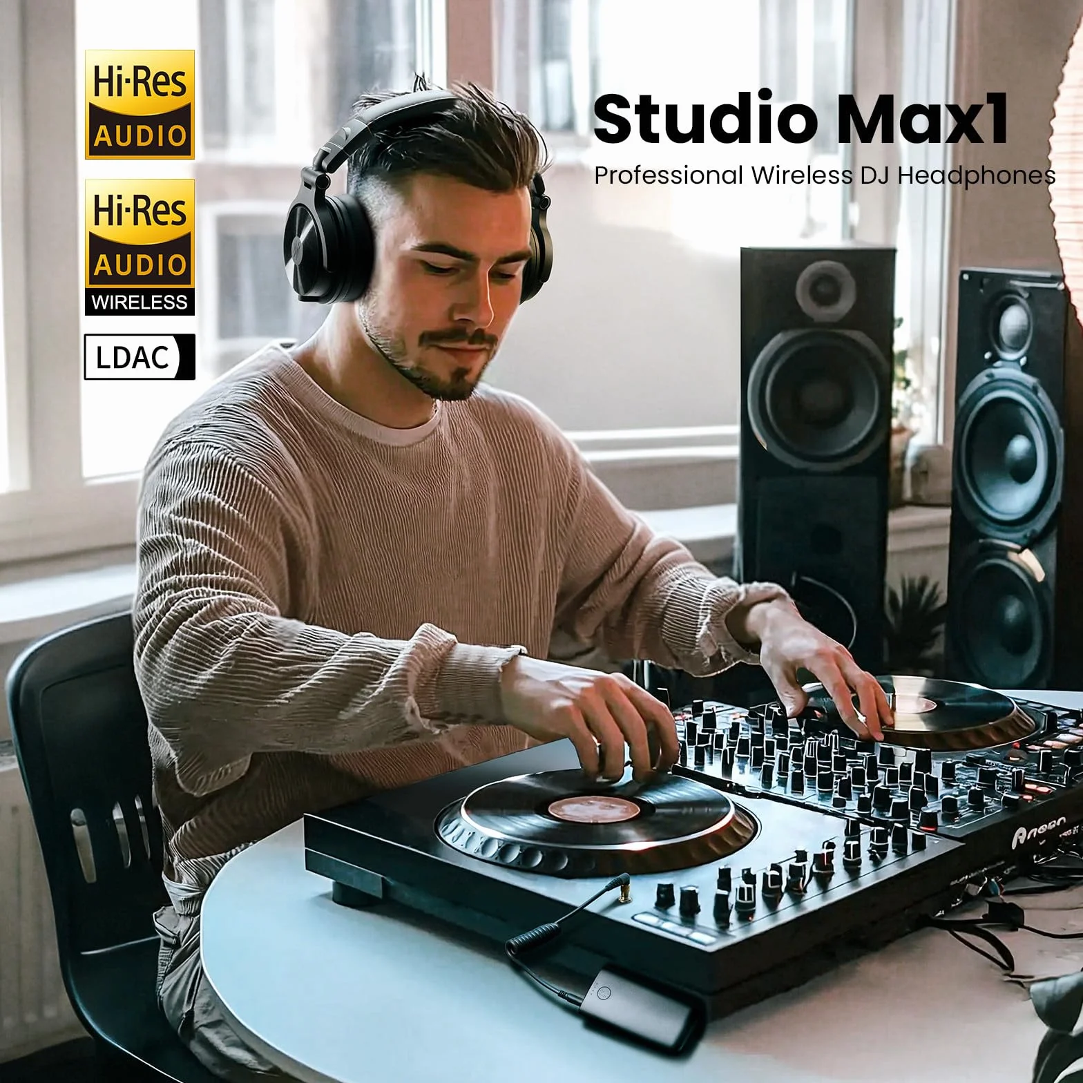 OneOdio Studio Max 1 Bezprzewodowy zestaw słuchawkowy Bluetooth DJ, 120 h autonomii, Hi-Res/LDAC, niskie opóźnienie 20 ms, połączenie Dongle/Bluetooth/6,35 mm/3,5 mm do nagrywania podcastów, gitary