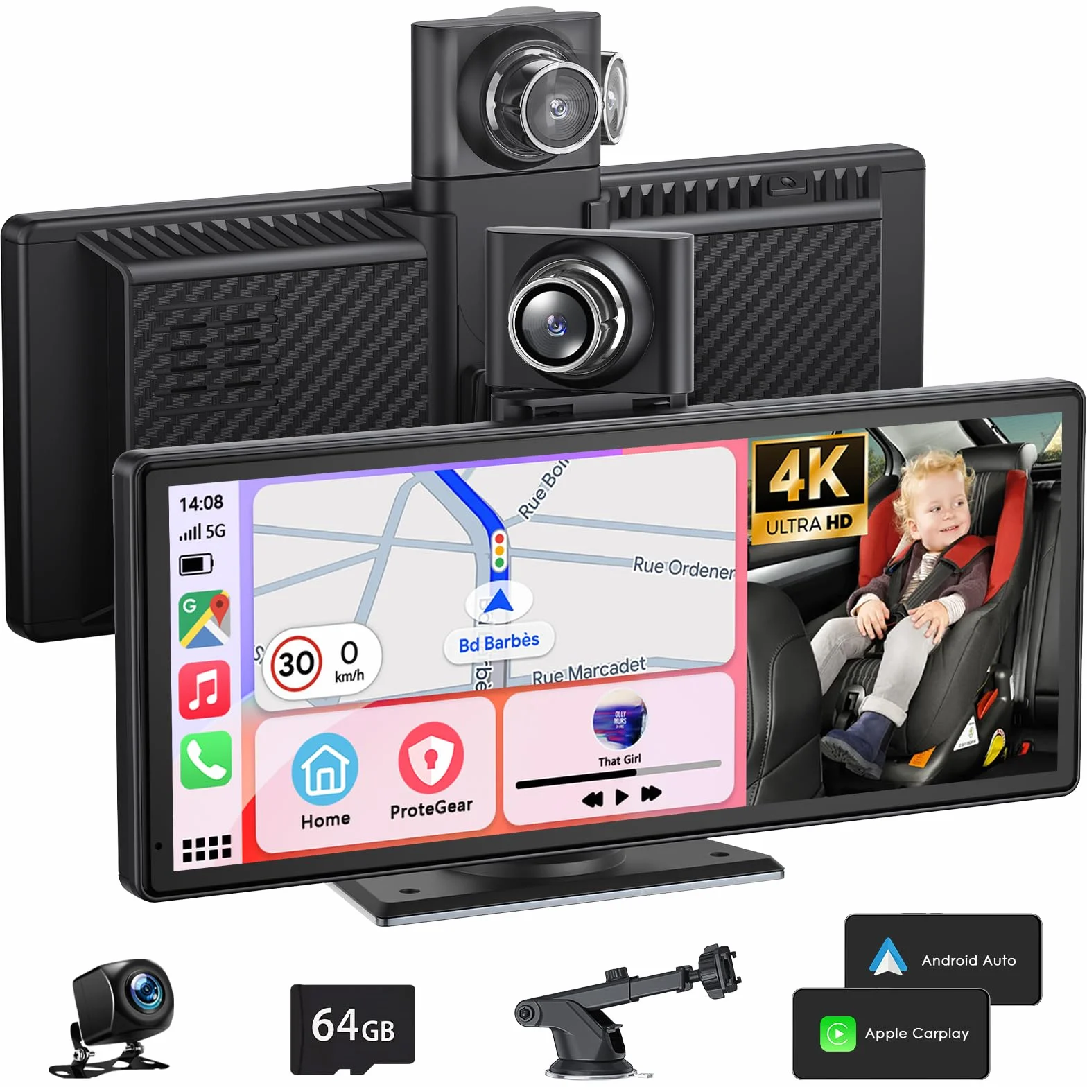 9,26 Calowy Przenośny Ekran z Bezprzewodowym CarPlay i Android Auto, Radio Samochodowe z 4K Dashcam Przednią I Tylną Kamerą 1080P HD/Bluetooth/FM/AUX/64G TF/Mirror Link/Voice Control/GPS