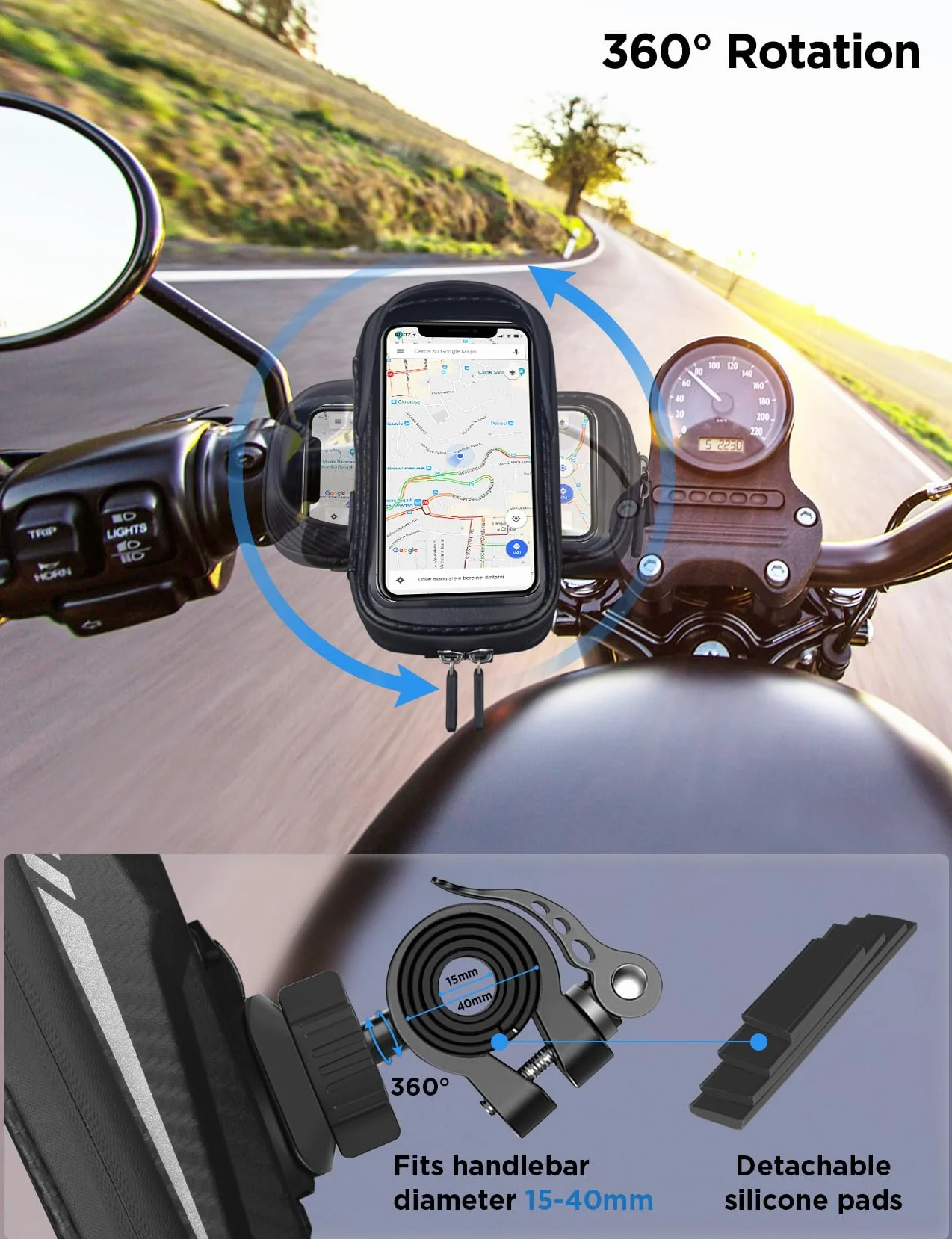 Rowerowy uchwyt na telefon komórkowy wodoodporny uchwyt na motocykl na telefon komórkowy obracany o 360° uchwyt na telefon komórkowy dla smartfona 4,7-7" z osłoną przeciwdeszczową torba na