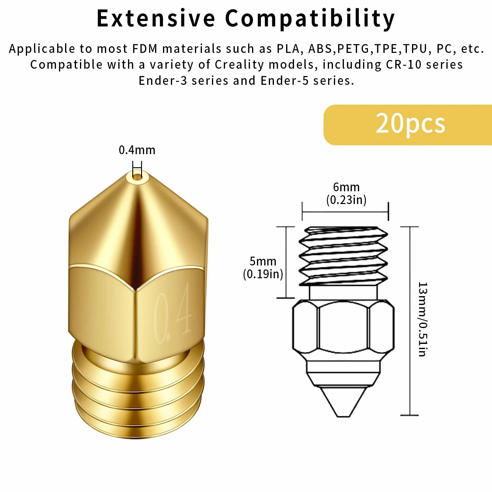 Dysze 0,4mm, 20 sztuk Dysze do drukarki 3D, mosiężne dysze do drukarki 3D Kompatybilne z Creality Ender 3/Ender 3 V2/Ender 3 Pro/Ender 3 Max/Ender 5 Pro/Ender 3 S1/Ender 3 Neo/Anycubic i3 Mega Pro