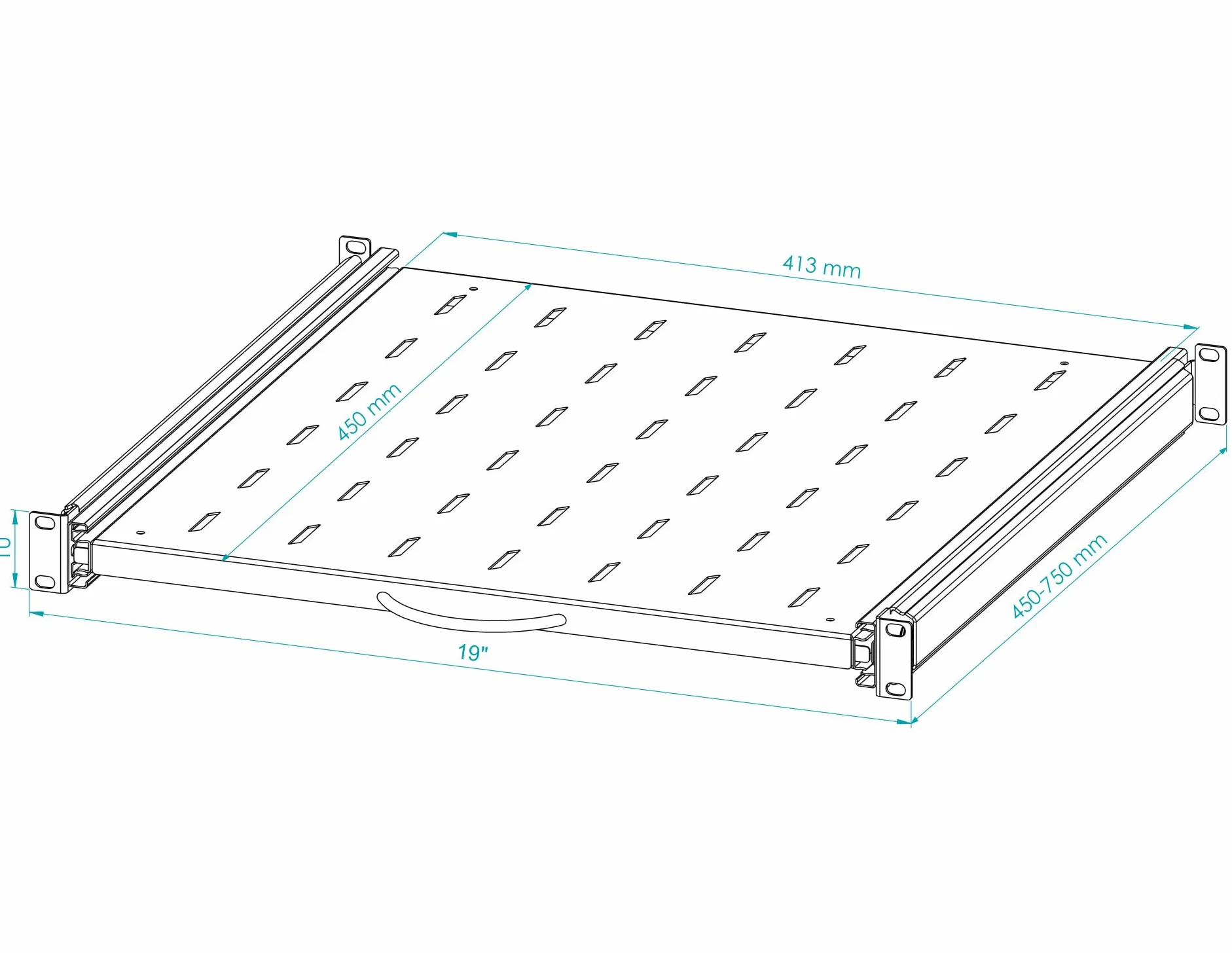 Półka Wysuwana Standard Rack 19 cali 1U 450mm, Metal, Czarny | Półka Wysuwana 19 Cali Płaska Perforowana, Wysuwana 200mm do Montażu w Szafach Serwerowych Sieciowych w Systemie Rack