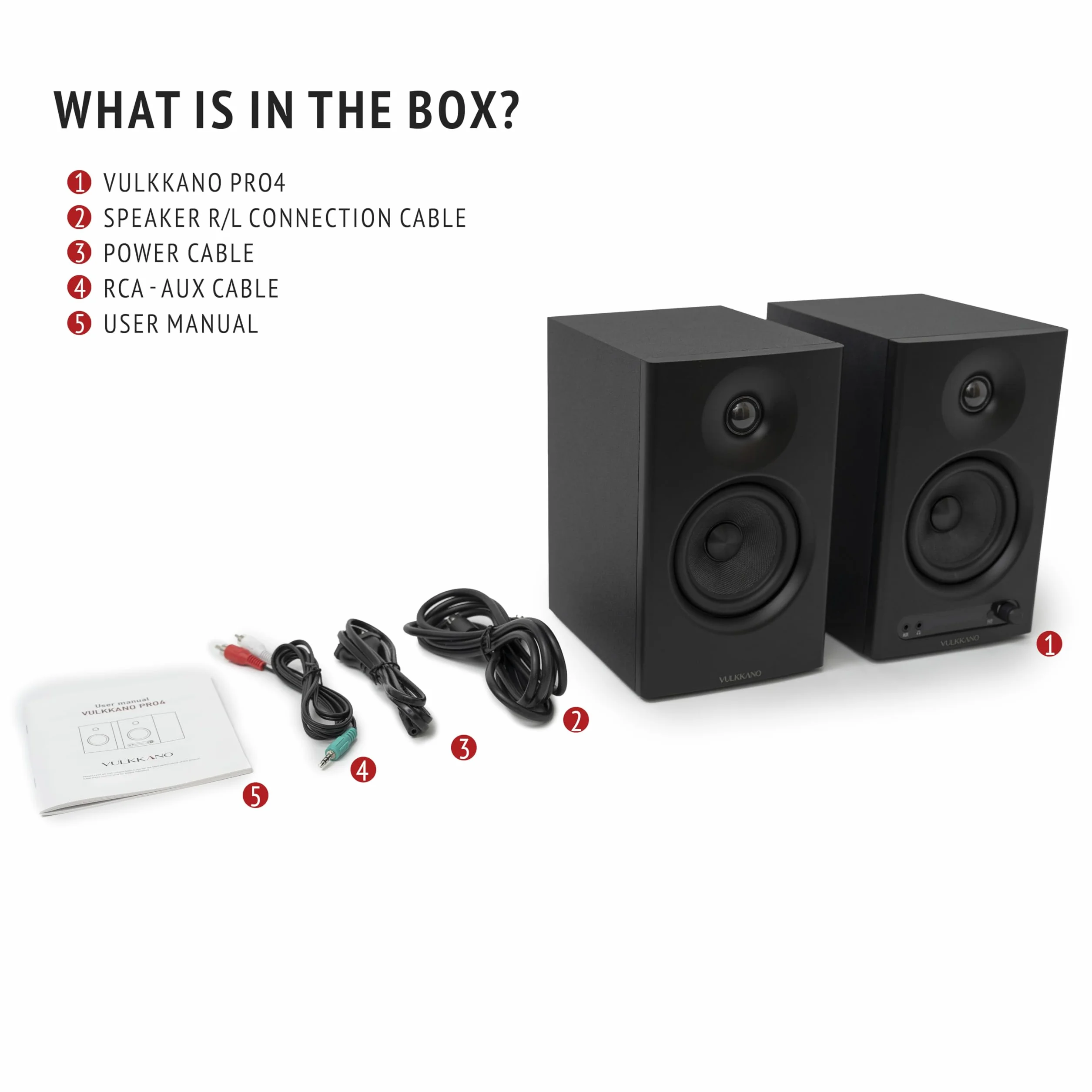 VULKKANO PRO4 monitory studyjne z 4-calowym głośnikiem niskotonowym, Bluetooth, symetrycznym wejściem TRS, RCA, wyjściem na słuchawki, AUX, optycznym, ustawieniami EQ, głośnik do monitora