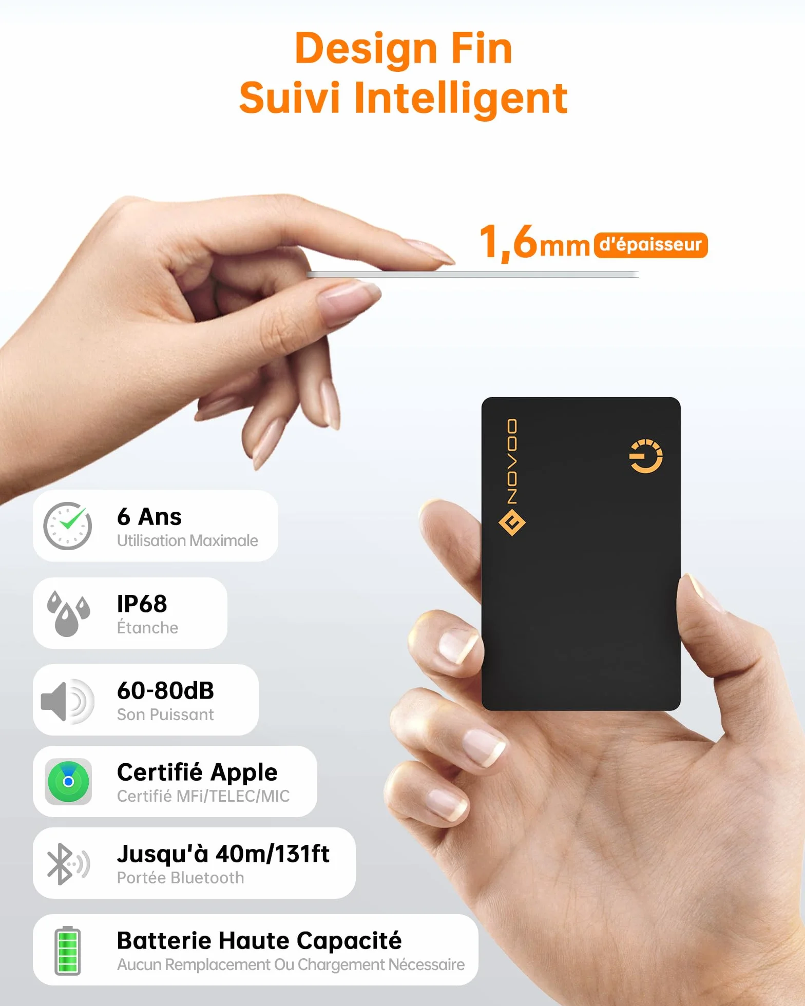 NOVOO Lokalizacja przedmiotów Air Tag 1,6 mm, smukły 6 lat, kompatybilny z aplikacją (tylko iOS), Bluetooth Tracker do portfela, etykiety bagażowej, paszport-BK
