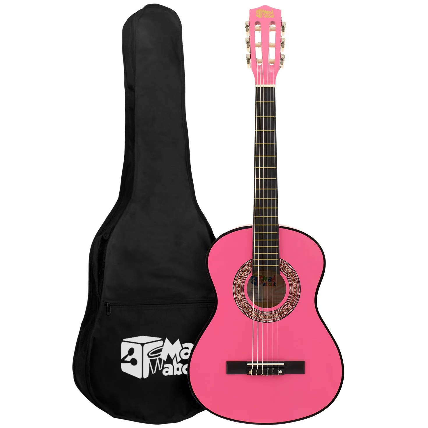 Mad About MA-CG03 Gitara Klasyczna, 3/4 Rozmiar Różowa - Kolorowa Hiszpańska z Torbą, Paskiem, Kostką i Zapasowymi Strunami