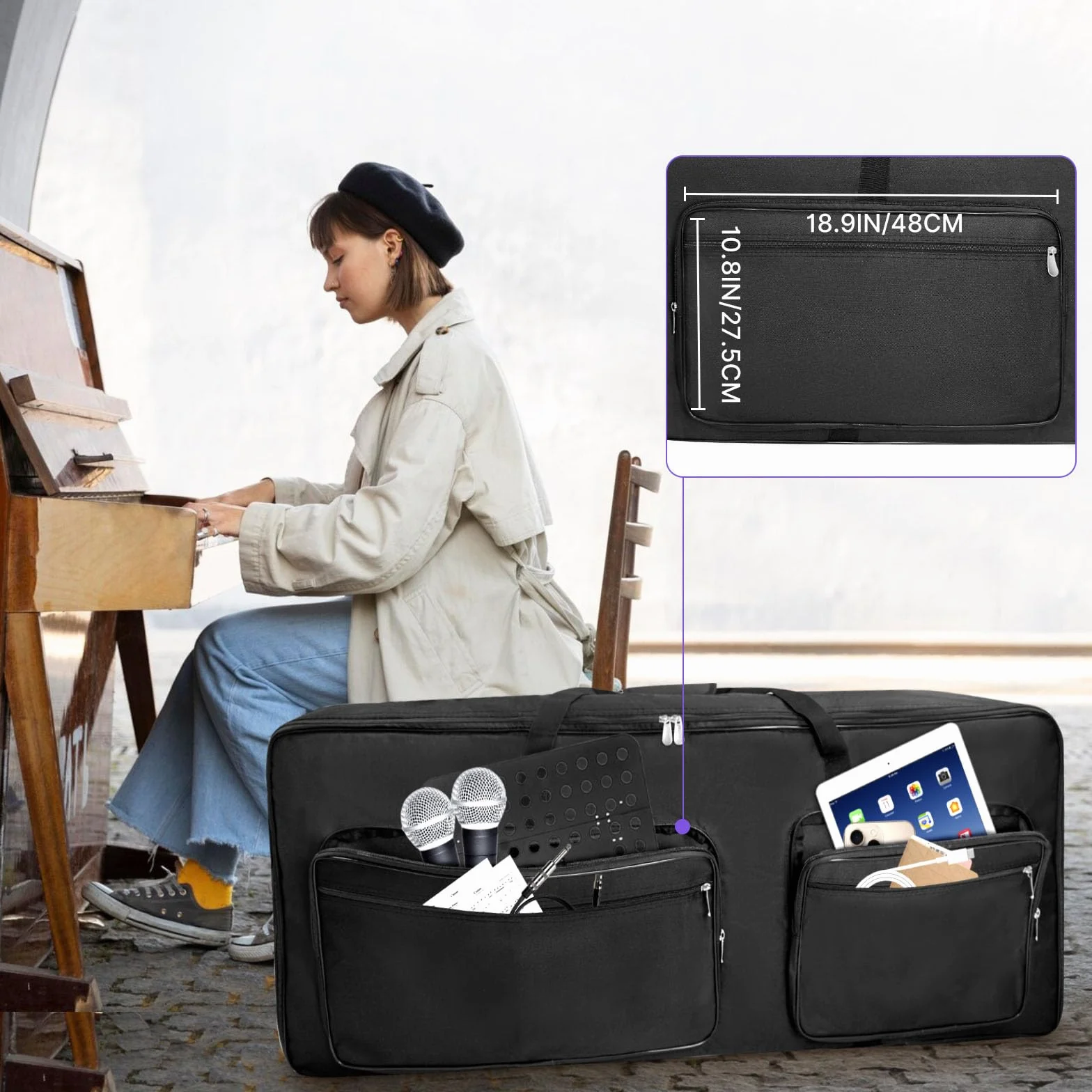 SUNDOY 49 61 76 88 Torba na keyboard – gig bag z tkaniny Oxford 600D, 8mm piankowa wyściółka, idealna do transportu keyboardów, akcesoriów muzycznych i nie tylko, czarny, Für Klaviere mit 61 Tasten