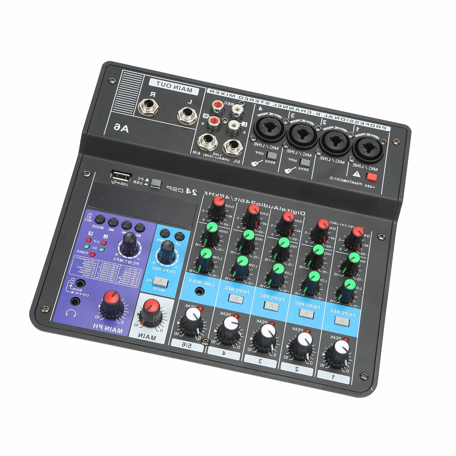 Mikser Audio 6-kanałowy, Mikser Audio Karta Dźwiękowa Konsola, Interfejs Audio USB Mikser Karta Dźwiękowa BT Biurko Nagrywanie Głosu Mini Mikser do Domowej Produkcji Muzyki na żywo
