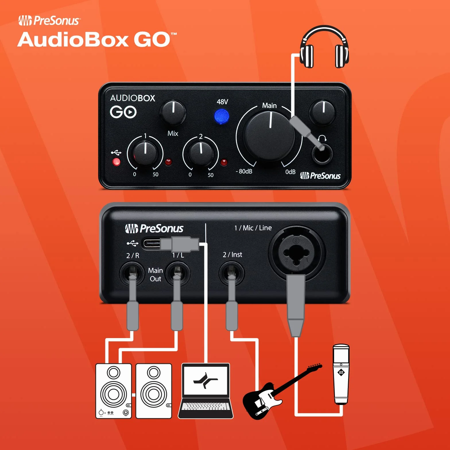 PreSonus AudioBox GO | Interfejs audio USB-C do produkcji muzyki z oprogramowaniem do nagrywania Studio One DAW, samouczki muzyczne, próbki dźwięku i instrumenty wirtualne