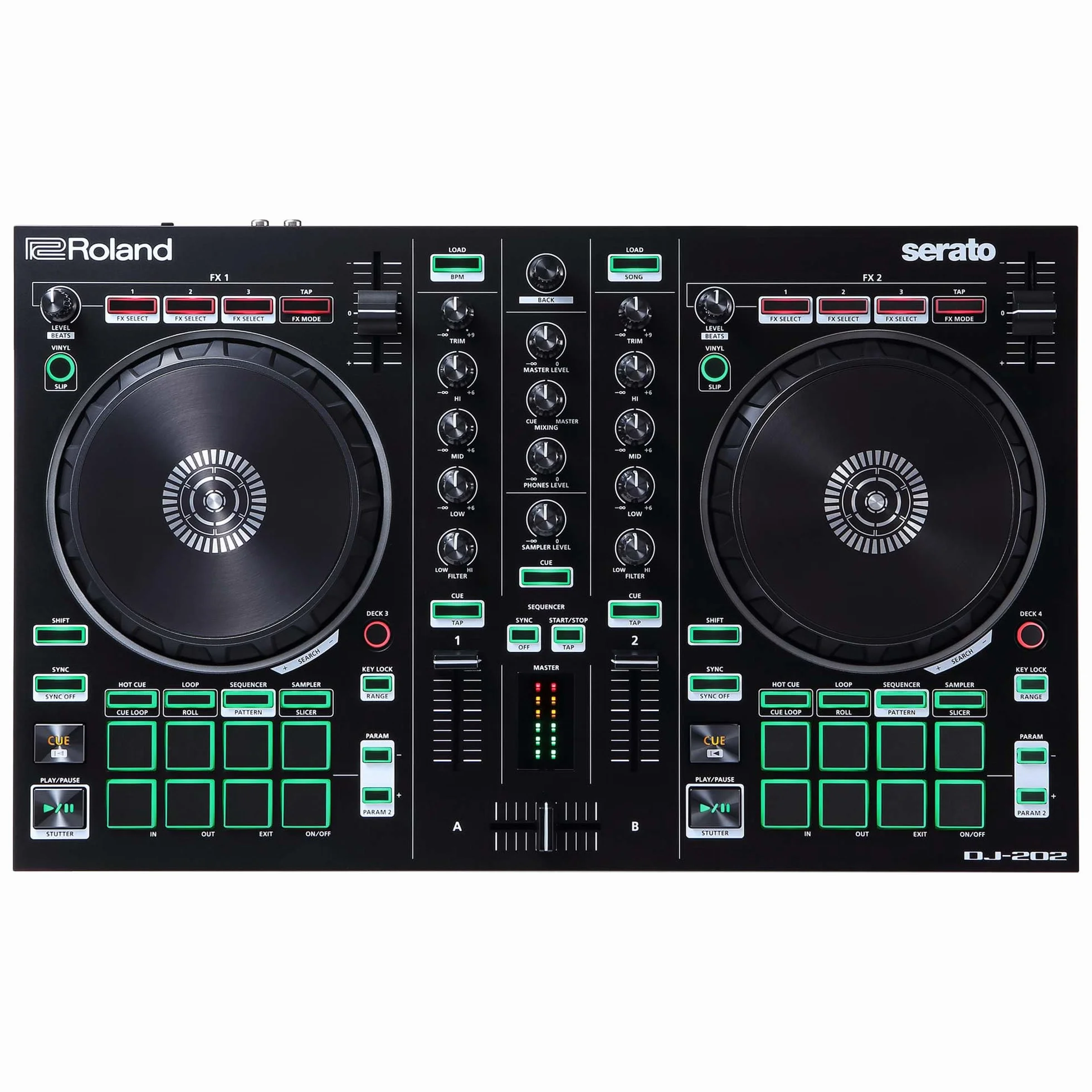 Roland DJ-202 Kompaktowy Kontroler DJ 2-Kanałowy 4-Seckowy do Serato DJ Lite Duże Talerze Niskie Opóźnienie