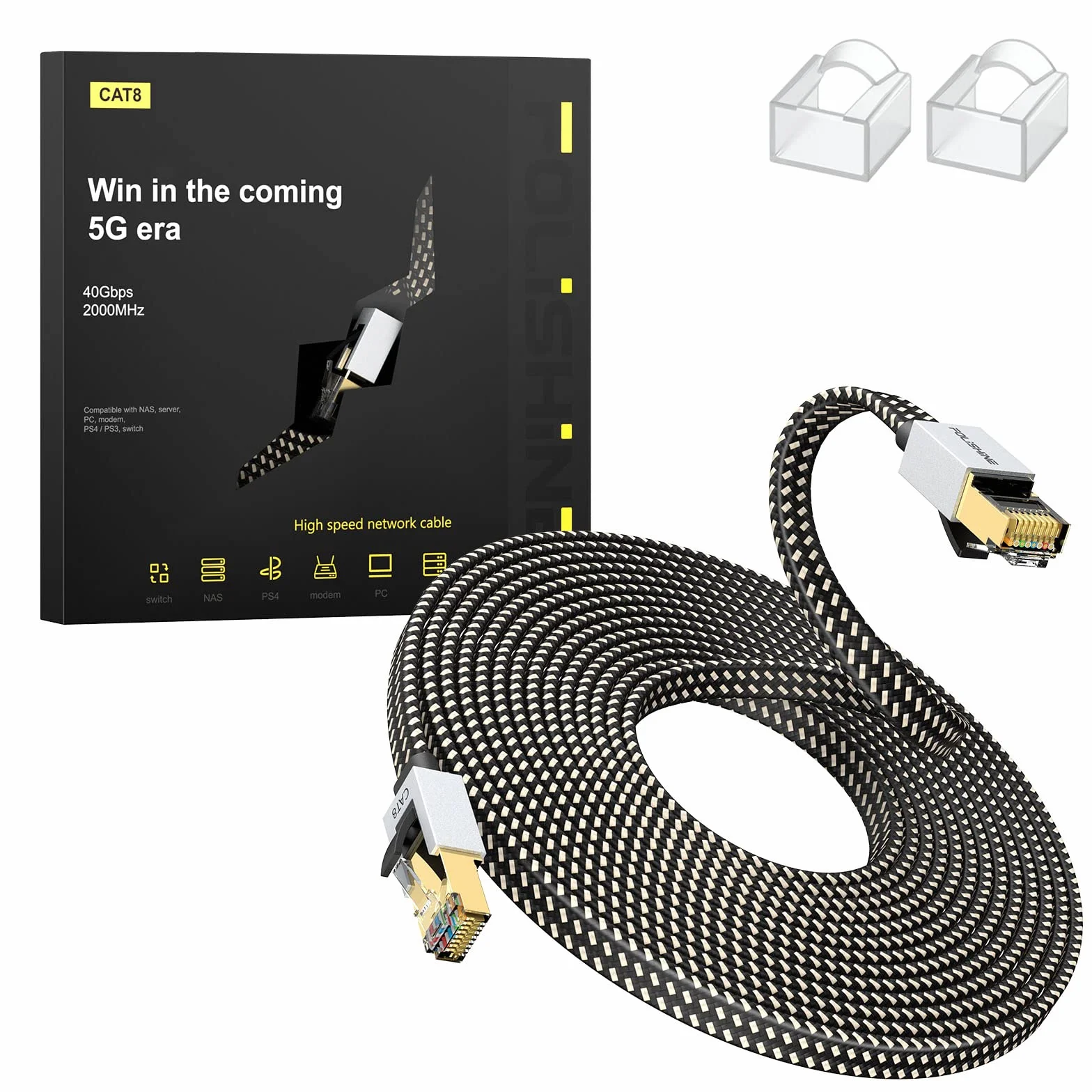Cat8 kabel Ethernet 1 m, nylonowy pleciony kabel krosowy Lan Patch Cord, 40 Gb/s, 2000 MHz, RJ45, płaski ekranowany przewód, do modemu/routera/przełącznika, szybszy niż Cat5e/Cat6/Cat7