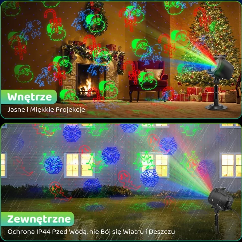 OUSFOT Projektor Laserowy Boże Narodzenie, 3 Kolorowy, Czerwono-Zielono-Niebieski, 5 Kart Projekcyjnych, Projektor Zewnętrzny z Pilotem i Funkcją Timera, Boże Narodzenie, Imprezę, Kropkę L