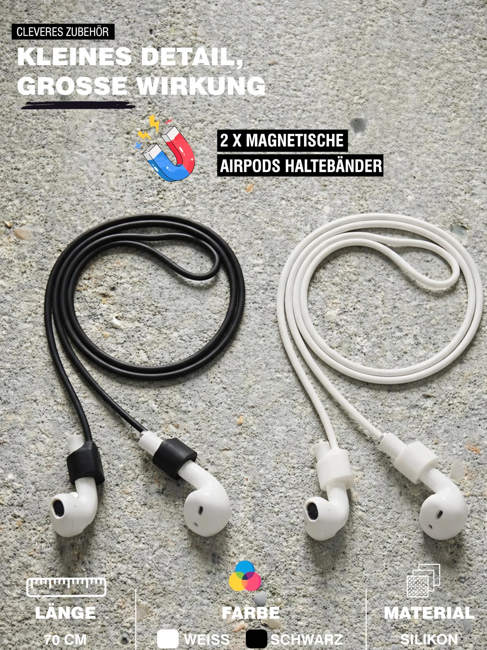 rootful.® 2-częściowy zestaw magnetycznych silikonowych pasków, kompatybilnych z Apple AirPods (1–4) i AirPods Pro (1–2) – niezawodne akcesorium do sportu i podróży