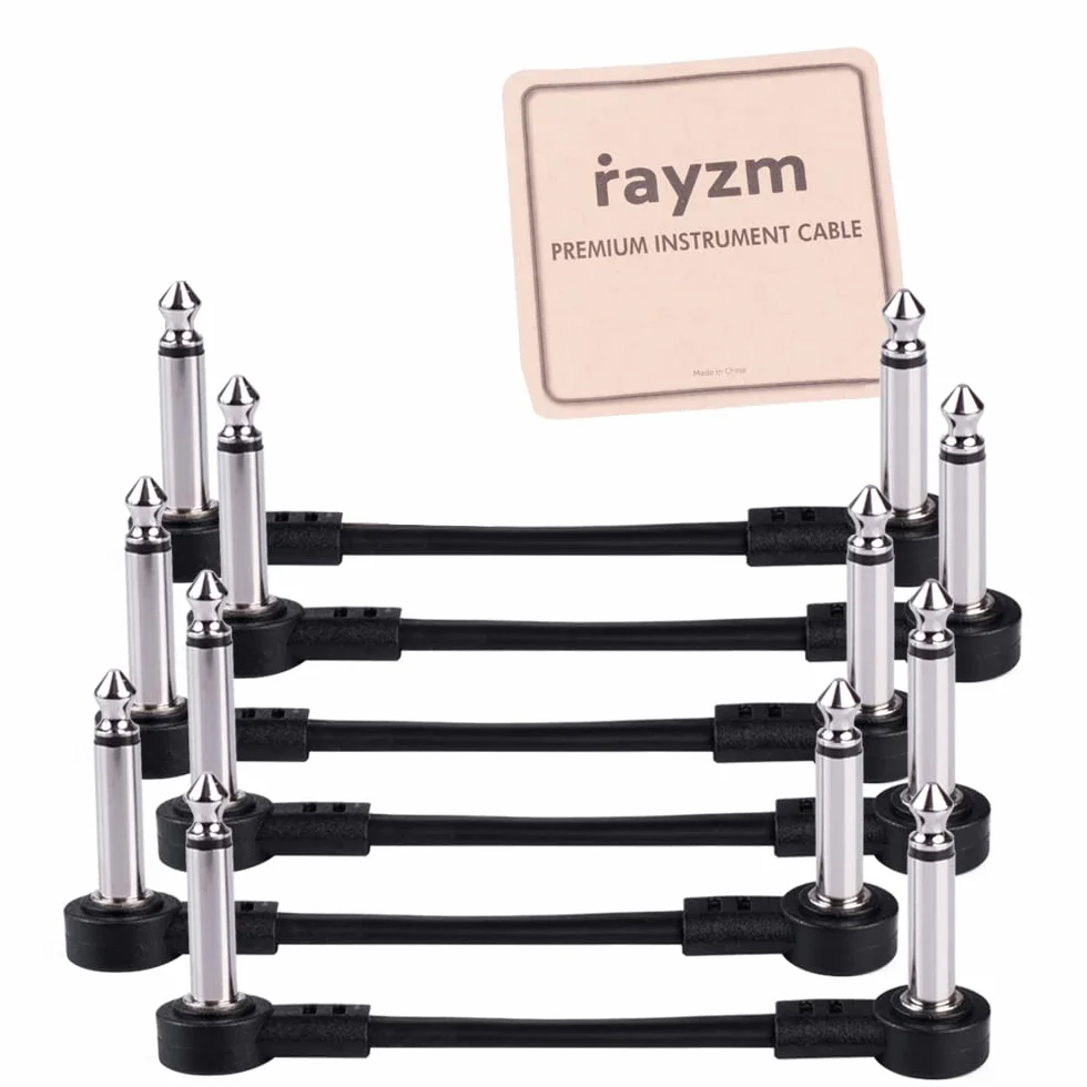 Rayzm Kabel krosowy do gitary 6,35 mm, kątowy kabel rozruchowy do pedałów gitarowych/basowych, kable rozruchowe 5 cm, 6 sztuk, czarny