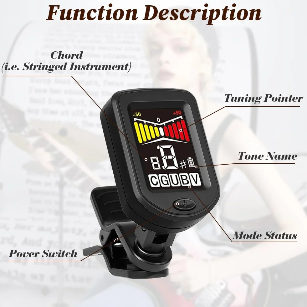 Tuner gitarowy z możliwością ładowania, tuner gitarowy, klips, cyfrowy tuner akcesoriów gitarowych z kolorowym wyświetlaczem LCD, klips do tunera gitarowego z kablem typu C, do gitary