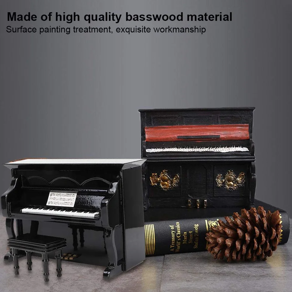 Mini pianino miniaturowe drewno pianino model z małym taboretem instrument muzyczny model muzyczny dekoracja domu ornamenty