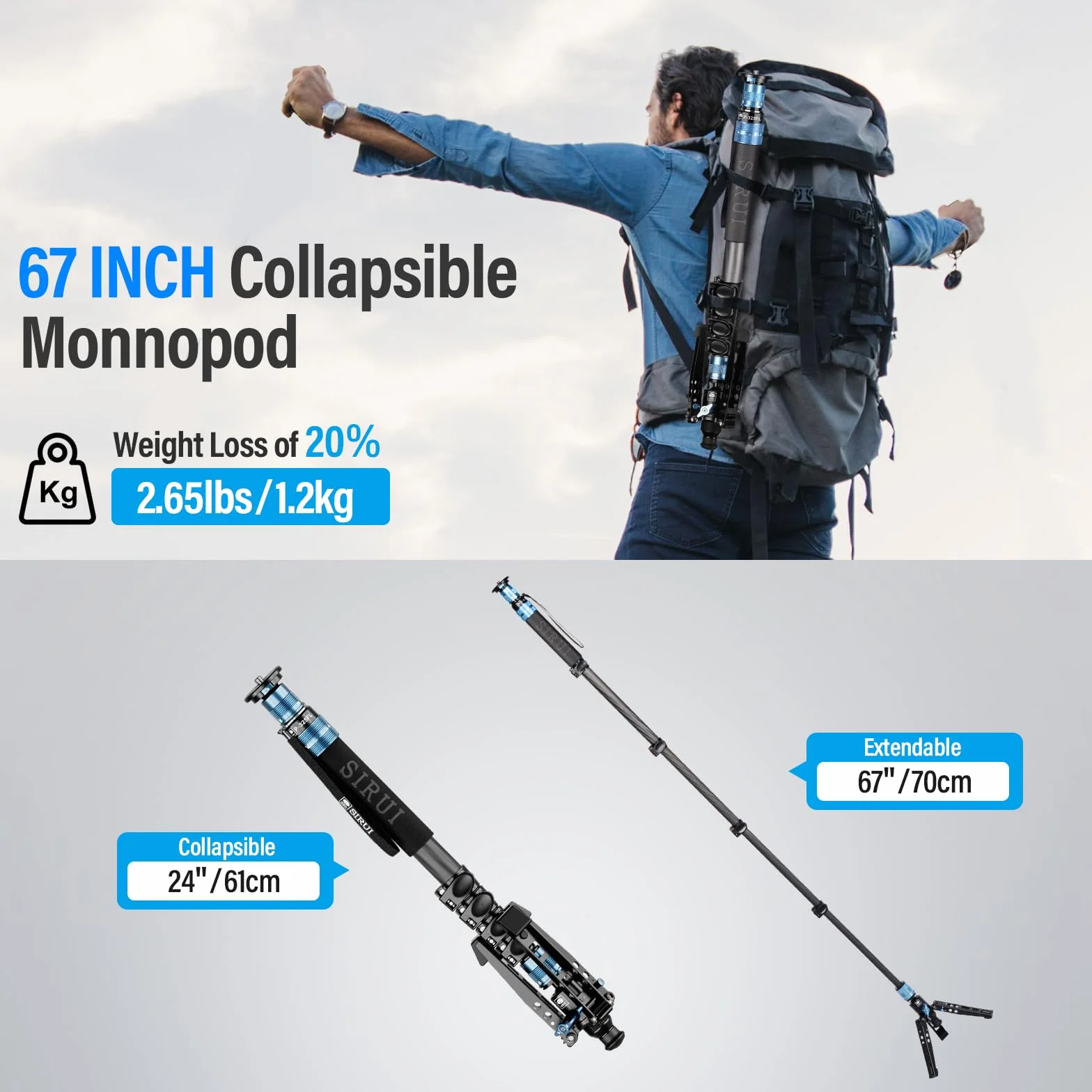 SIRUI P-325FL Monopod z włókna węglowego z nóżkami, profesjonalny monopod 170 cm, przenośny, lekki monopod podróżny do aparatu DSLR, maksymalne obciążenie 10 kg, kompatybilny z aparatem Sony Canon