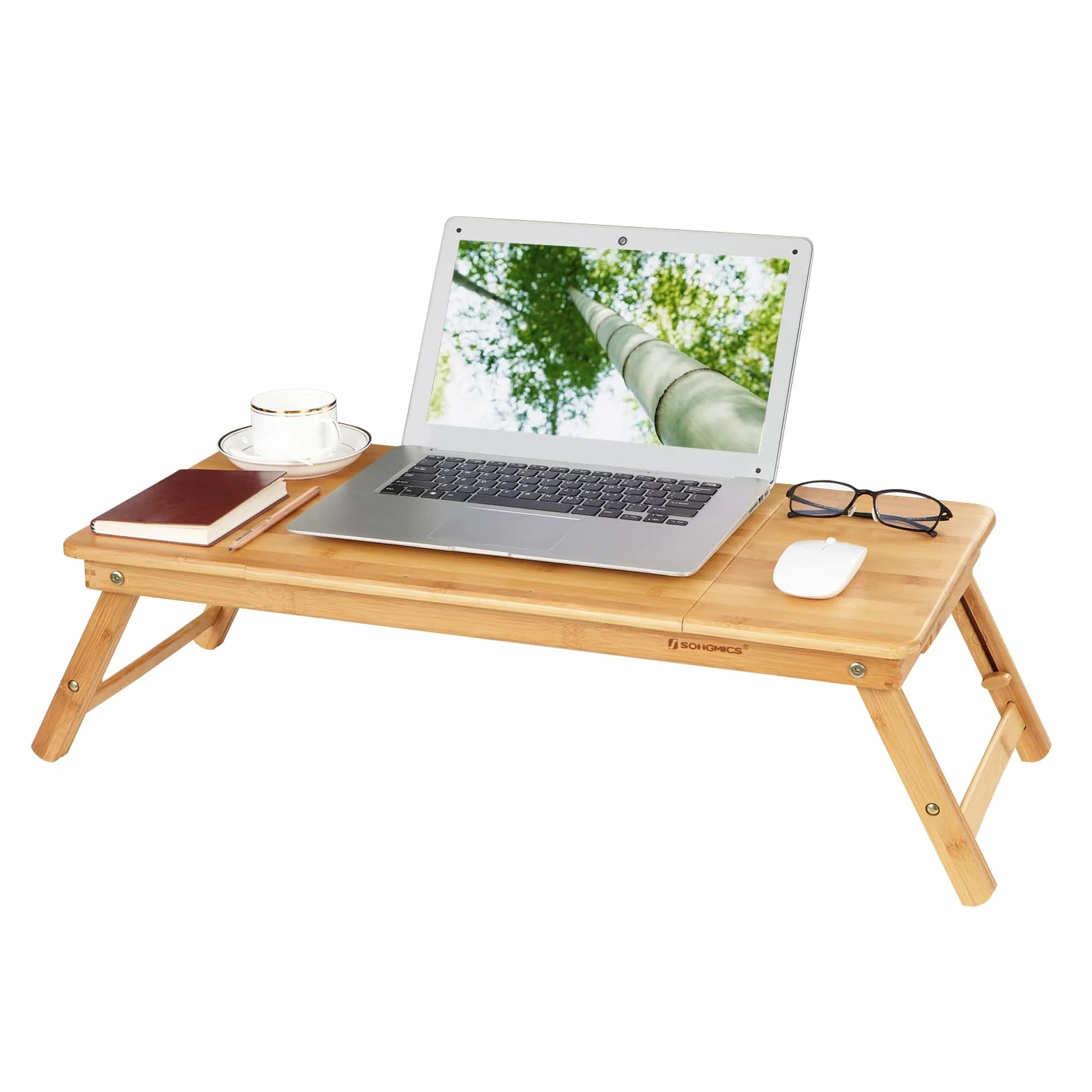 SONGMICS Stolik pod laptop, składany i regulowany na wysokość stolik na notebook, z otworami wentylacyjnymi, dla osób lewo- i praworęcznych, stolik do łóżka z bambusa z szufladą, 72 x (21-29) x 35 cm (szer. x wys. x gł.) LLD004