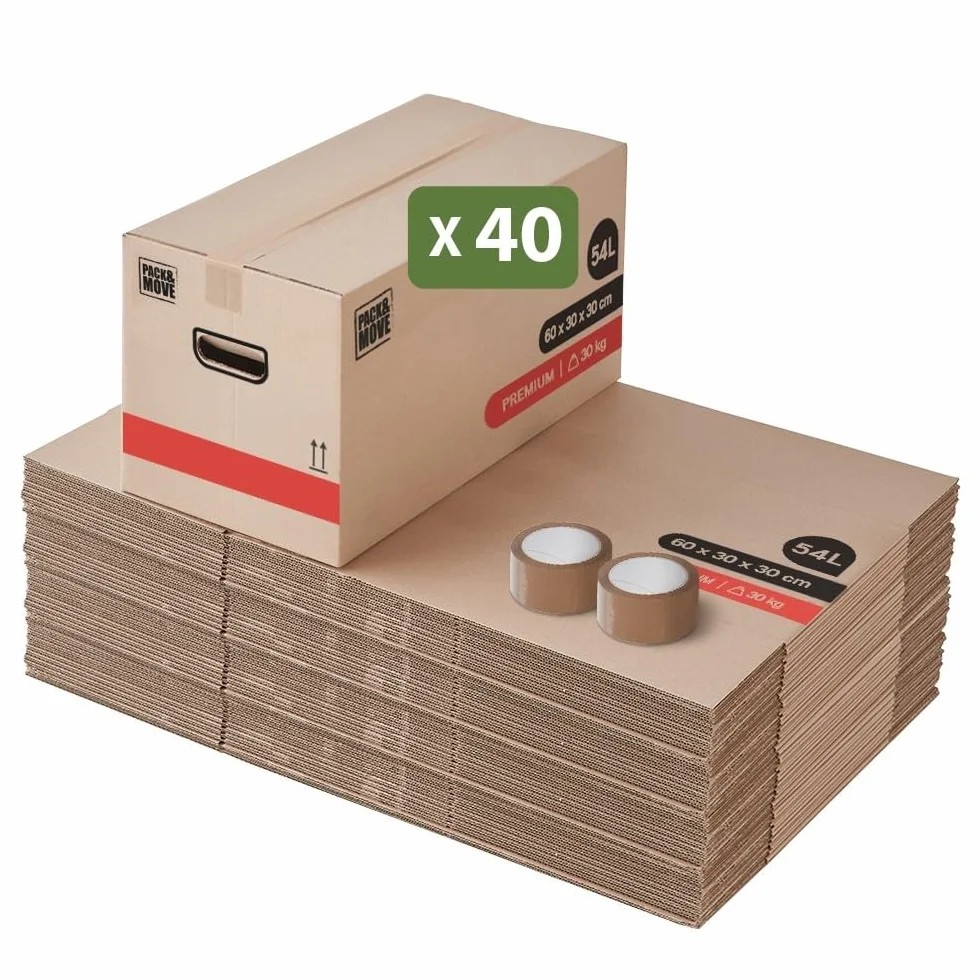 Pack And Move - Zestaw 40 kartonów przeprowadzkowych premium - 60 x 30 x 30 cm - ekstremalna wytrzymałość 25 kg - wielokrotnego użytku - podwójna grubość - wzmocnione uchwyty - 2 naklejki w zestawie