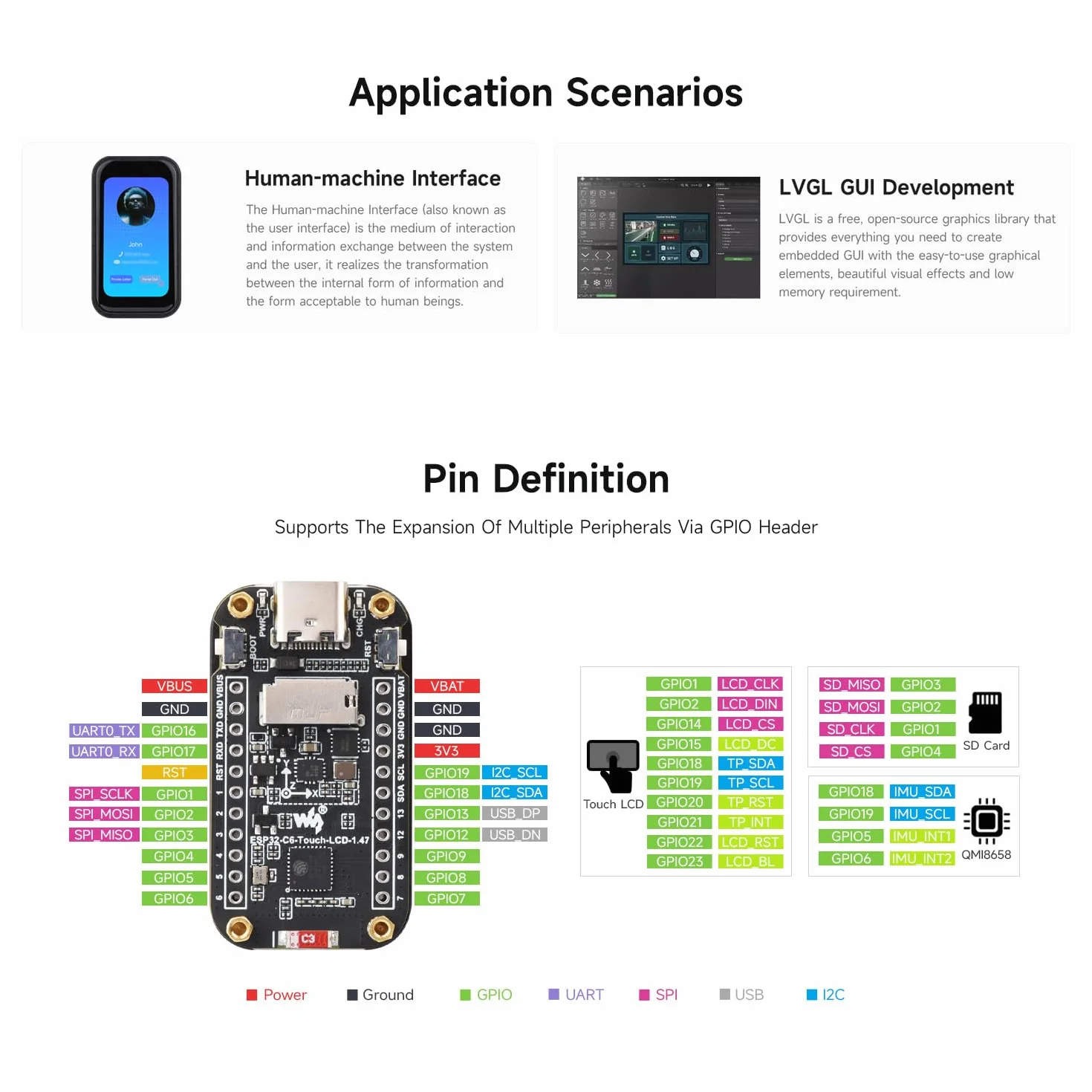 Waveshare ESP32-C6 1.47inch Touch Display Development Board(without pinheader), 172x320 Resolution, 262K Display Color, Supports Wi-Fi 6 / BLE 5, 160MHz RISC-V Processor