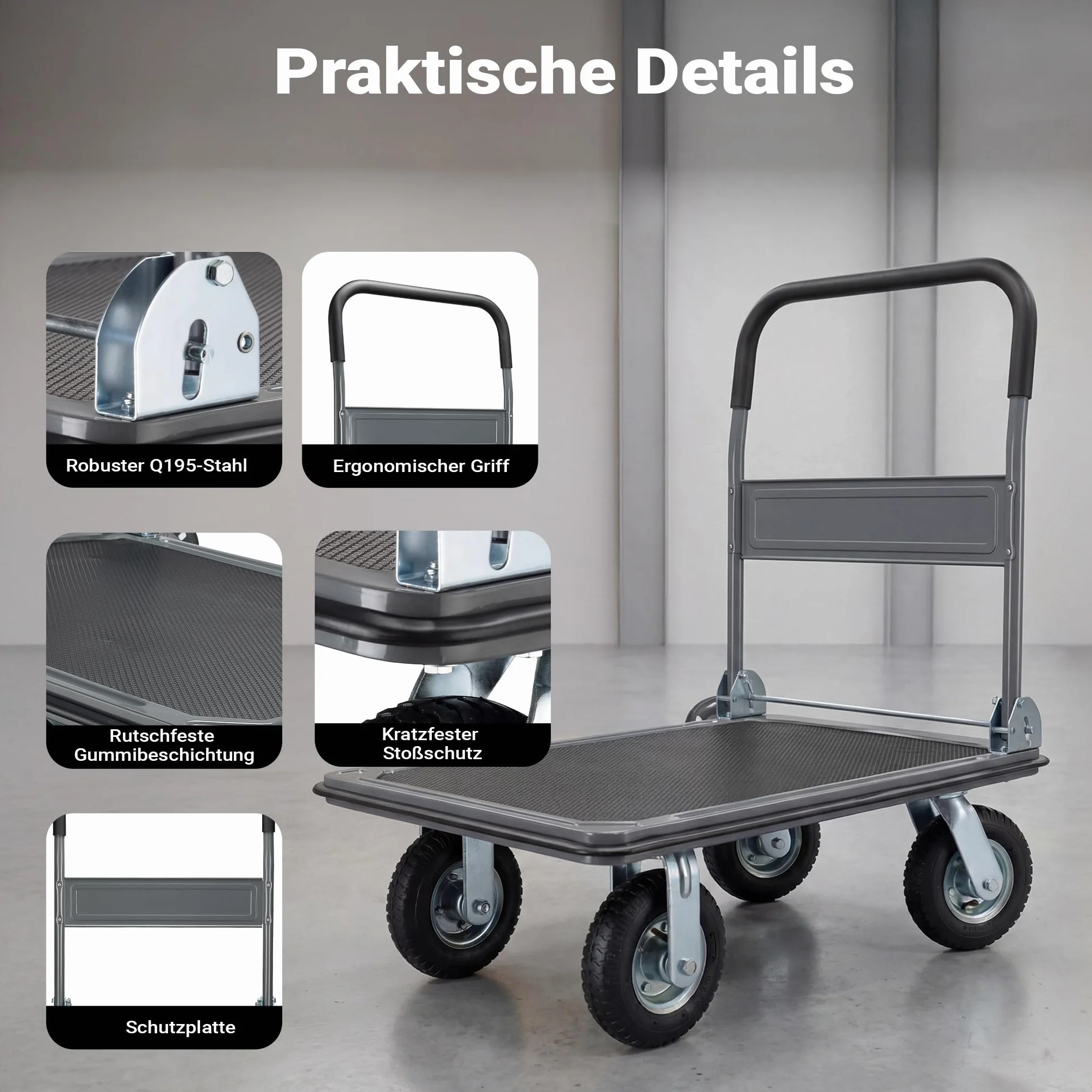 Wiltec Wózek transportowy platformowy 300 kg, składany wózek magazynowy 895x610x985 mm, ręczny wózek z pompowanymi kołami i antypoślizgową platformą
