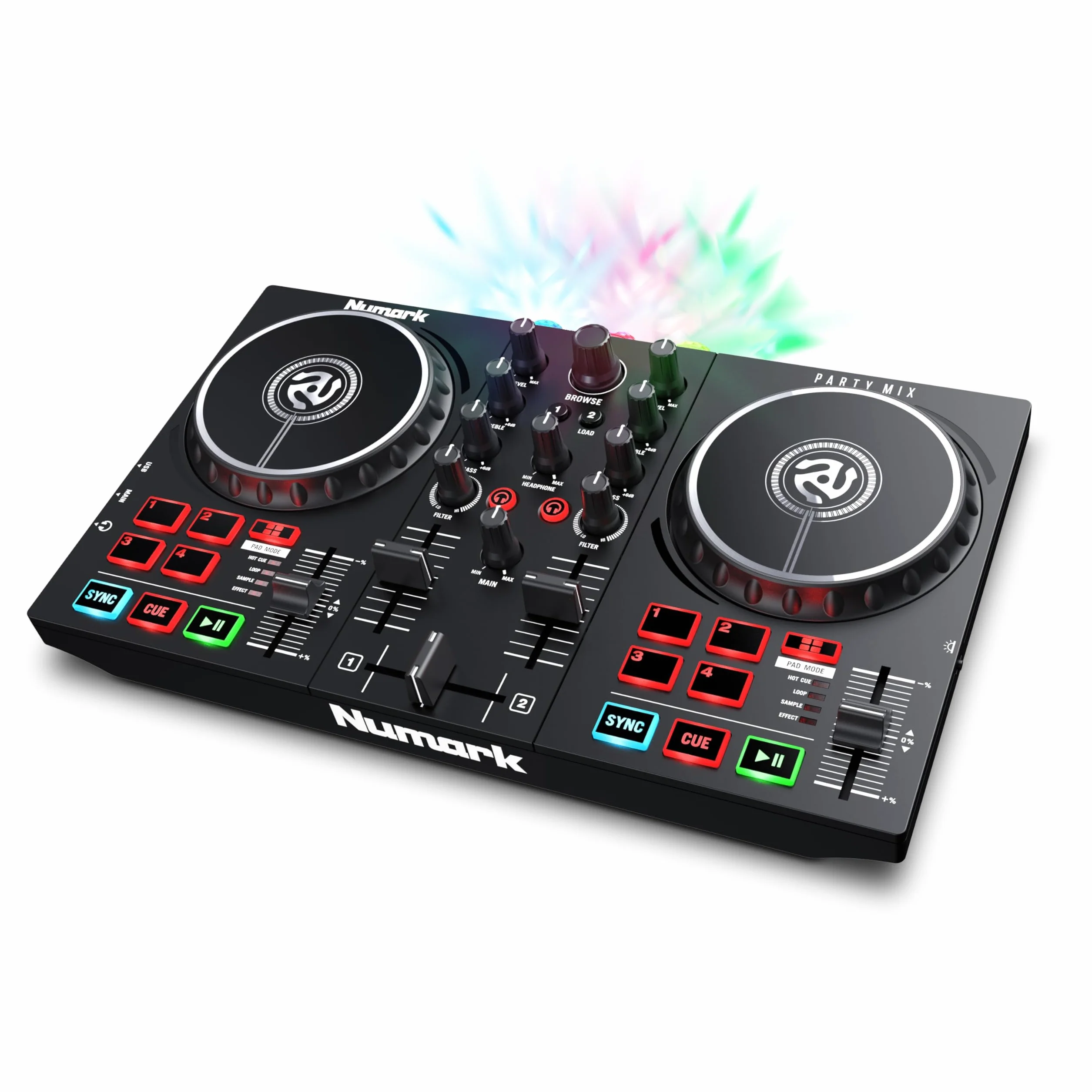 Numark Party Mix II DJ Kontroler Zestaw Dla Początkujących DJ-Ów z Imprezowym Oświetleniem i Mikserem do Serato DJ