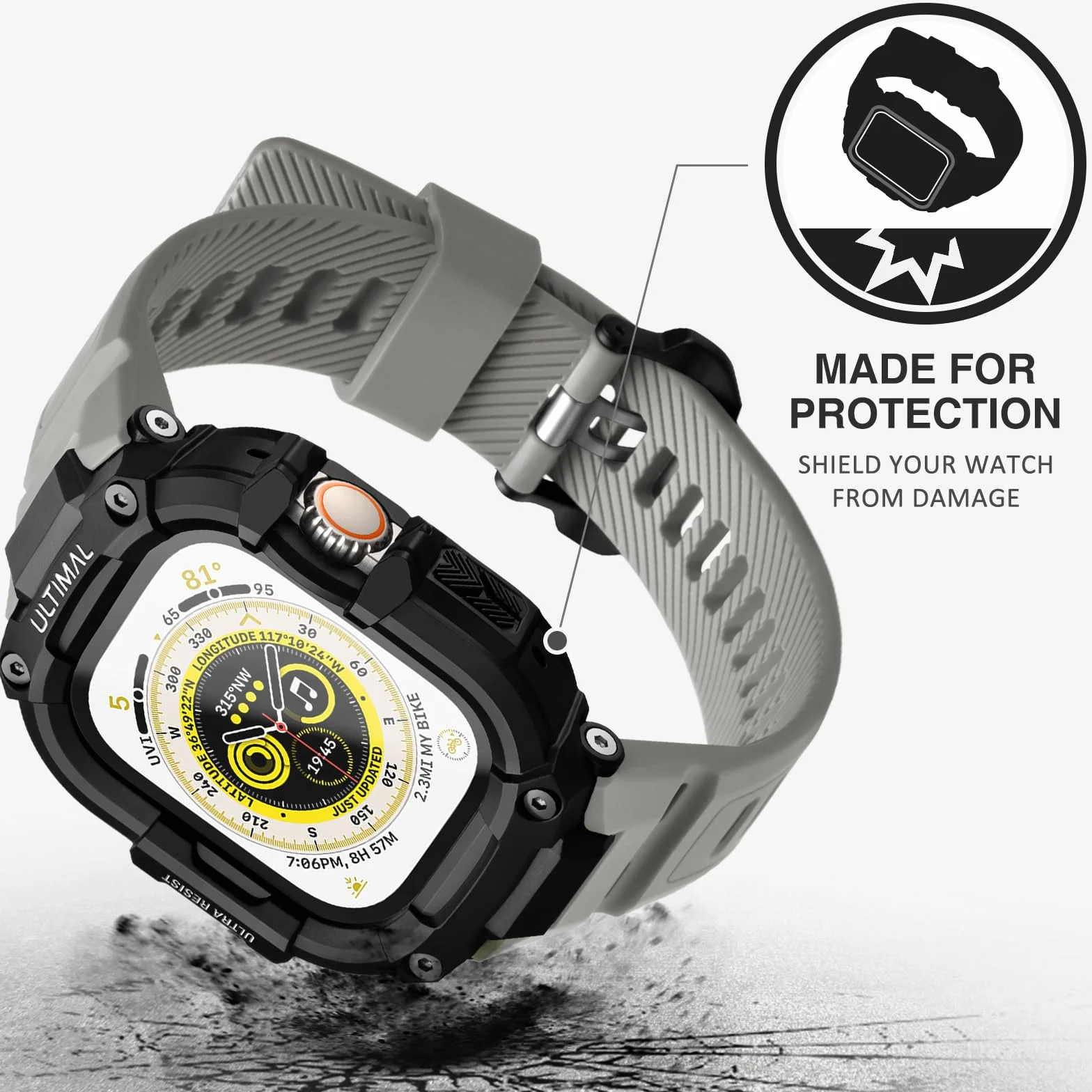ULTIAML Etui ochronne z bransoletką, kompatybilne z Apple Watch ultra 2/ ultra 49 mm, regulowany, odporny na uderzenia, sportowy pasek, wytrzymały pasek premium (szary)