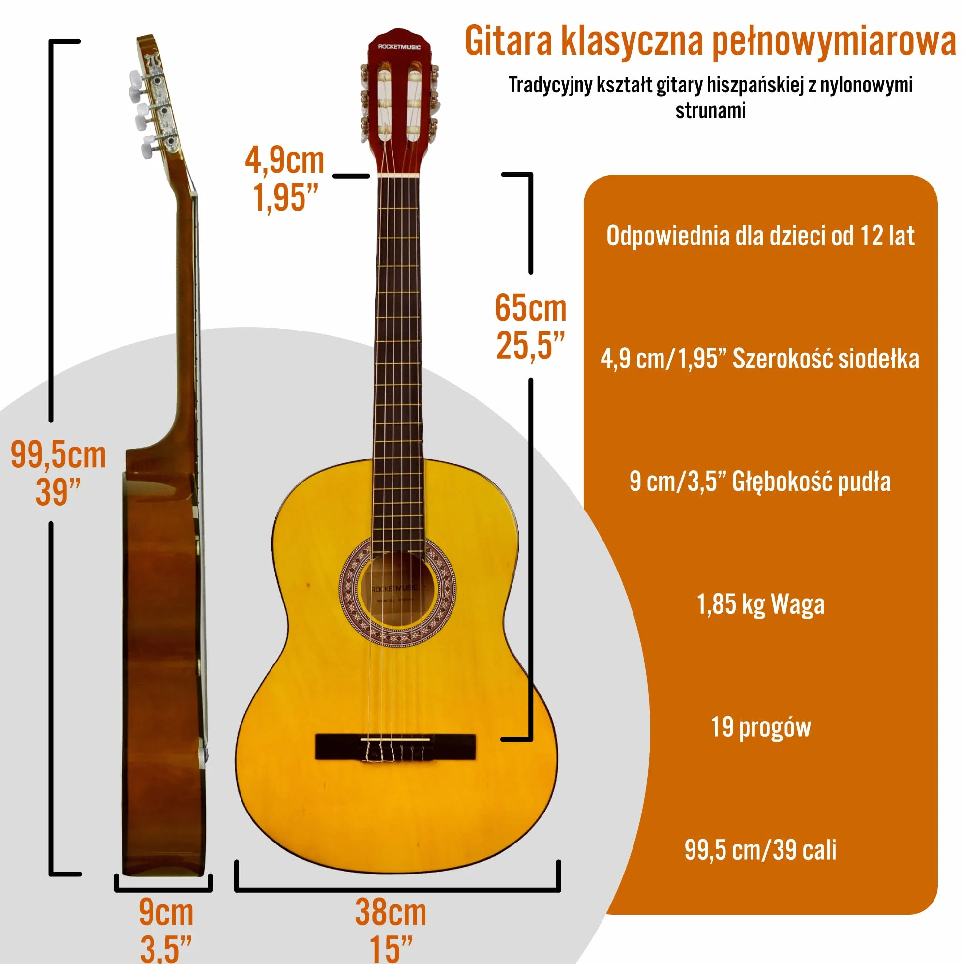 3rd Avenue Pełnowymiarowa gitara klasyczna FX zestaw startowy dla początkujących, gitara akustyczna z nylonowymi strunami, futerałem, kapodastrem i kostkami, naturalny