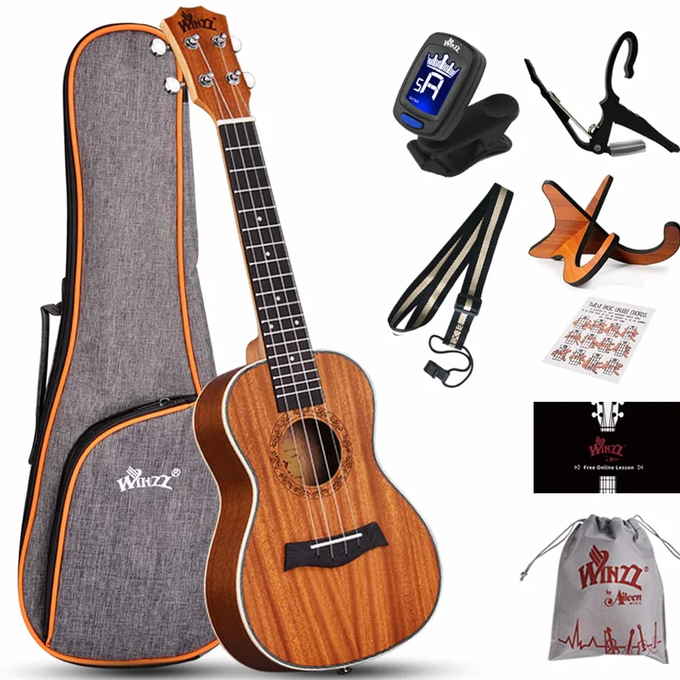 Winzz Ukulele koncertowe 60 cm dla dorosłych początkujących, mahoniowe drewniane ukulele zestaw startowy ze stojakiem i kapodastrem