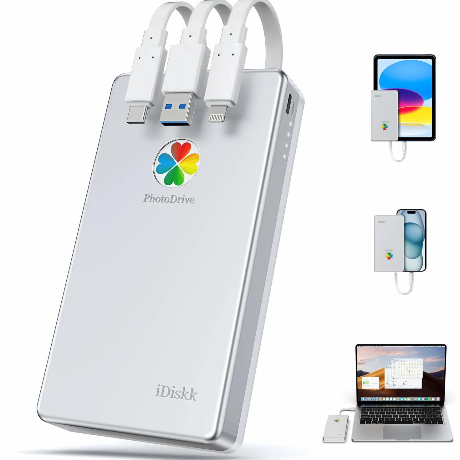 iDiskk 2TB (2000GB) Zewnętrzny dysk twardy iPhone z łącznikiem lightning, certyfikat MFi 3 w 1 wbudowany kabel*3 Przenośny dysk twardy, dysk twardy USB-C dla najnowszych iPhone/iPad/Mac/PC i urządzeń