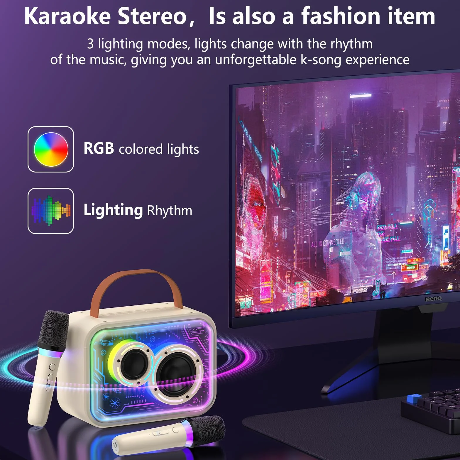 JYX Maszyna do karaoke z 2 mikrofonami dla dzieci i dorosłych, diodami LED i magicznym dźwiękiem, przenośny, bezprzewodowy głośnik Bluetooth, obsługuje imprezę domową/na zewnątrz/prezenty/dekoracje