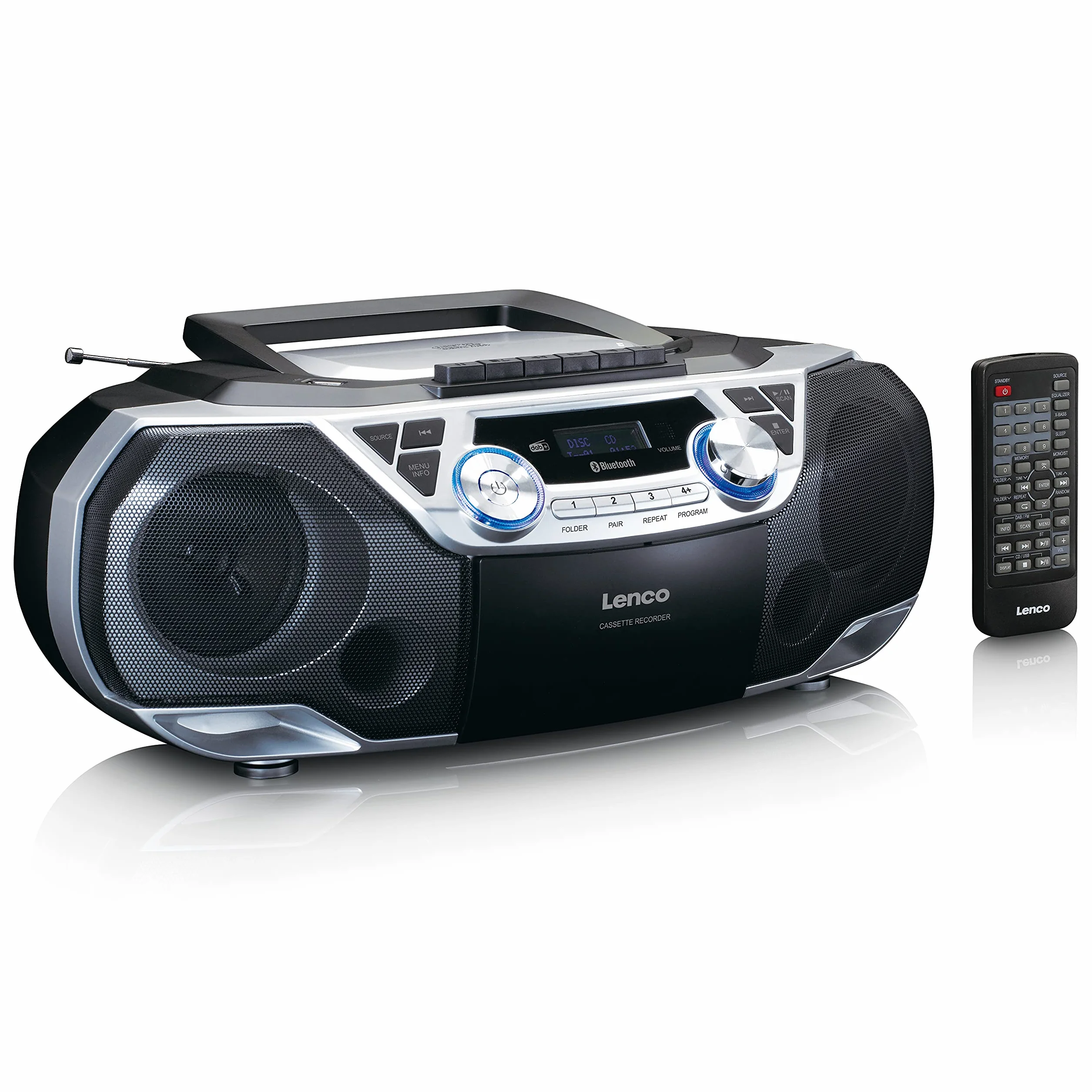 Lenco SCD-720 - Boombox DAB+ - Bluetooth 5.0 - odtwarzacz CD/MP3 od góry - magnetofon - radio FM - złącze USB - 2 x 6 W RMS - Bass Reflex - pilot zdalnego sterowania - srebrny