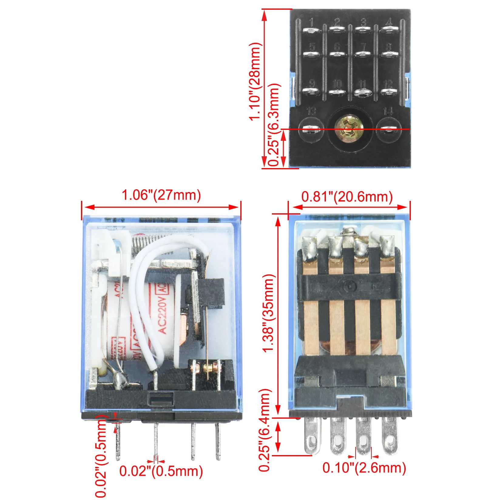 Heschen Gereral przekaźnik zasilający MY4NJ 220 V AC cewka 3 A 220 V AC/24 V DC 4PDT Wskaźnik LED 14-pinowe zaciski