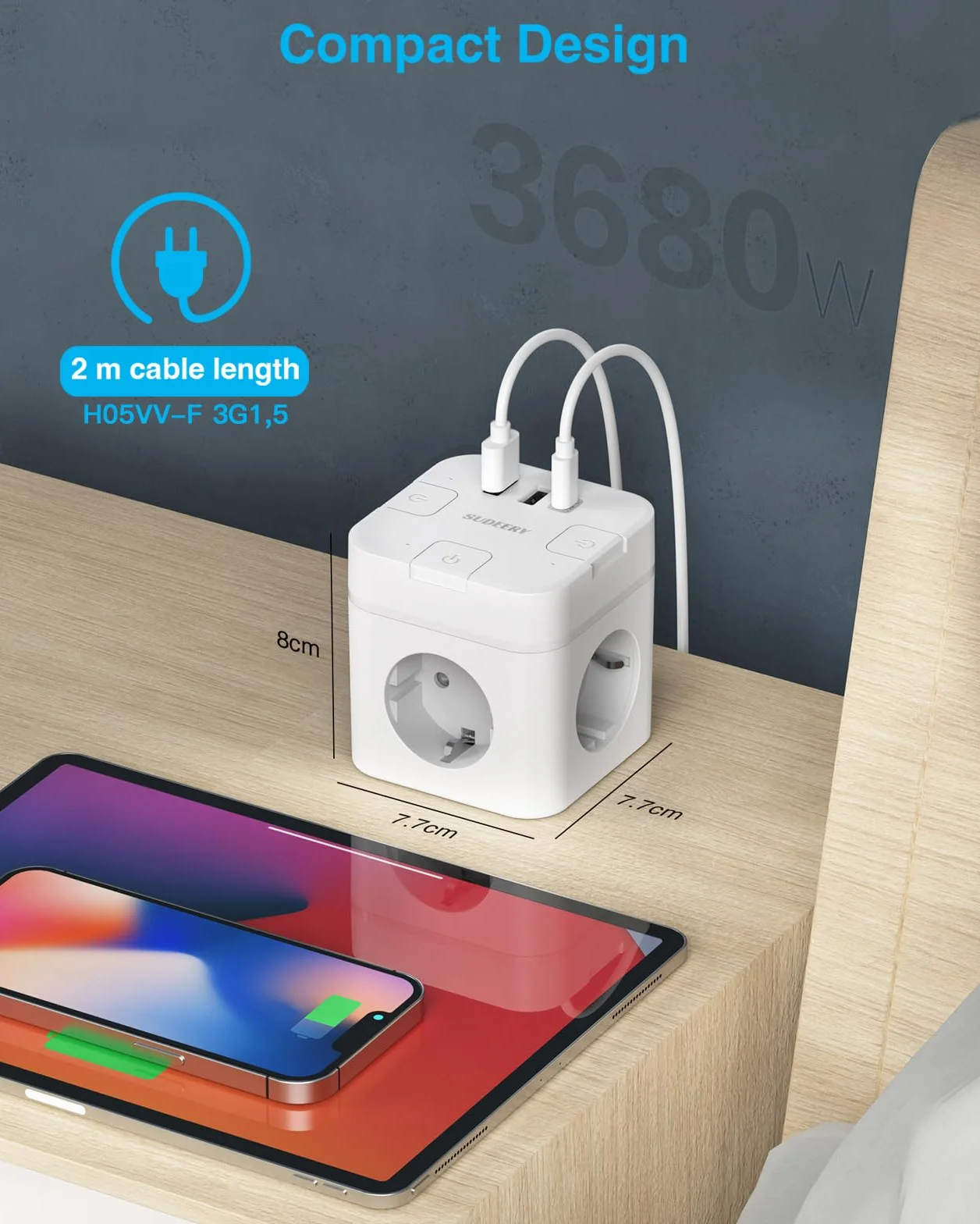 Listwa zasilająca 6 w 1 z gniazdem USB C, 3-krotna listwa zasilająca, płaska wtyczka z pojedynczym przełączaniem, kostki z kablem 2 m, 1 wtyczka USB typu C, do biura, domu, podróży (biała)