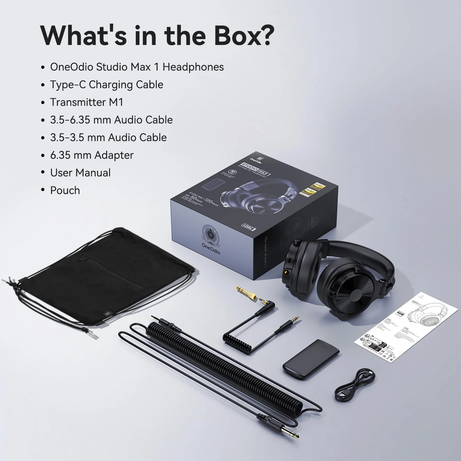 OneOdio Studio Max 1 Bezprzewodowy zestaw słuchawkowy Bluetooth DJ, 120 h autonomii, Hi-Res/LDAC, niskie opóźnienie 20 ms, połączenie Dongle/Bluetooth/6,35 mm/3,5 mm do nagrywania podcastów, gitary