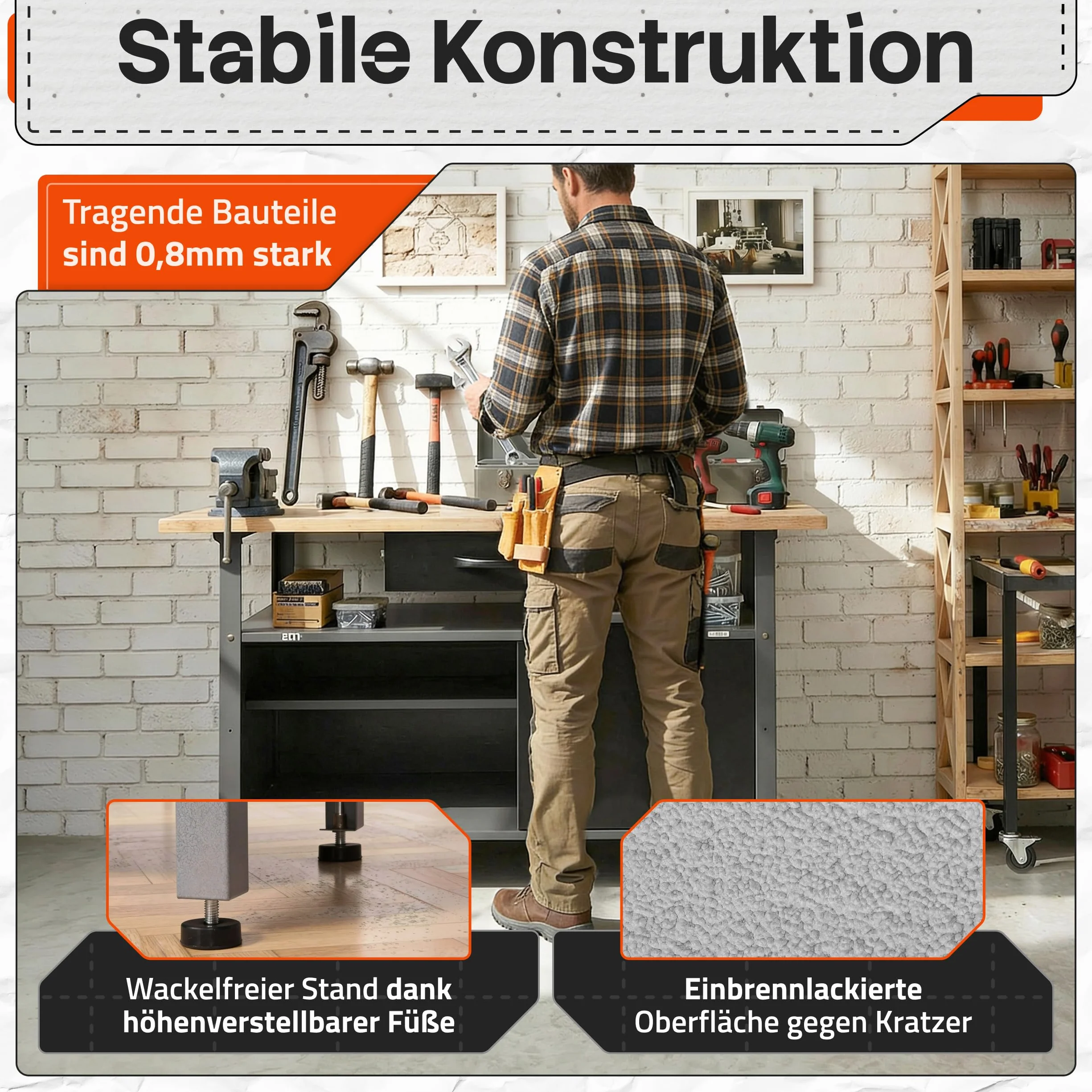 Ondis24 Stół warsztatowy Klaus 120 cm, metalowe drzwi zamykane, nogi z regulacją wysokości, wysokość robocza 85 cm, czarny blat bukowy