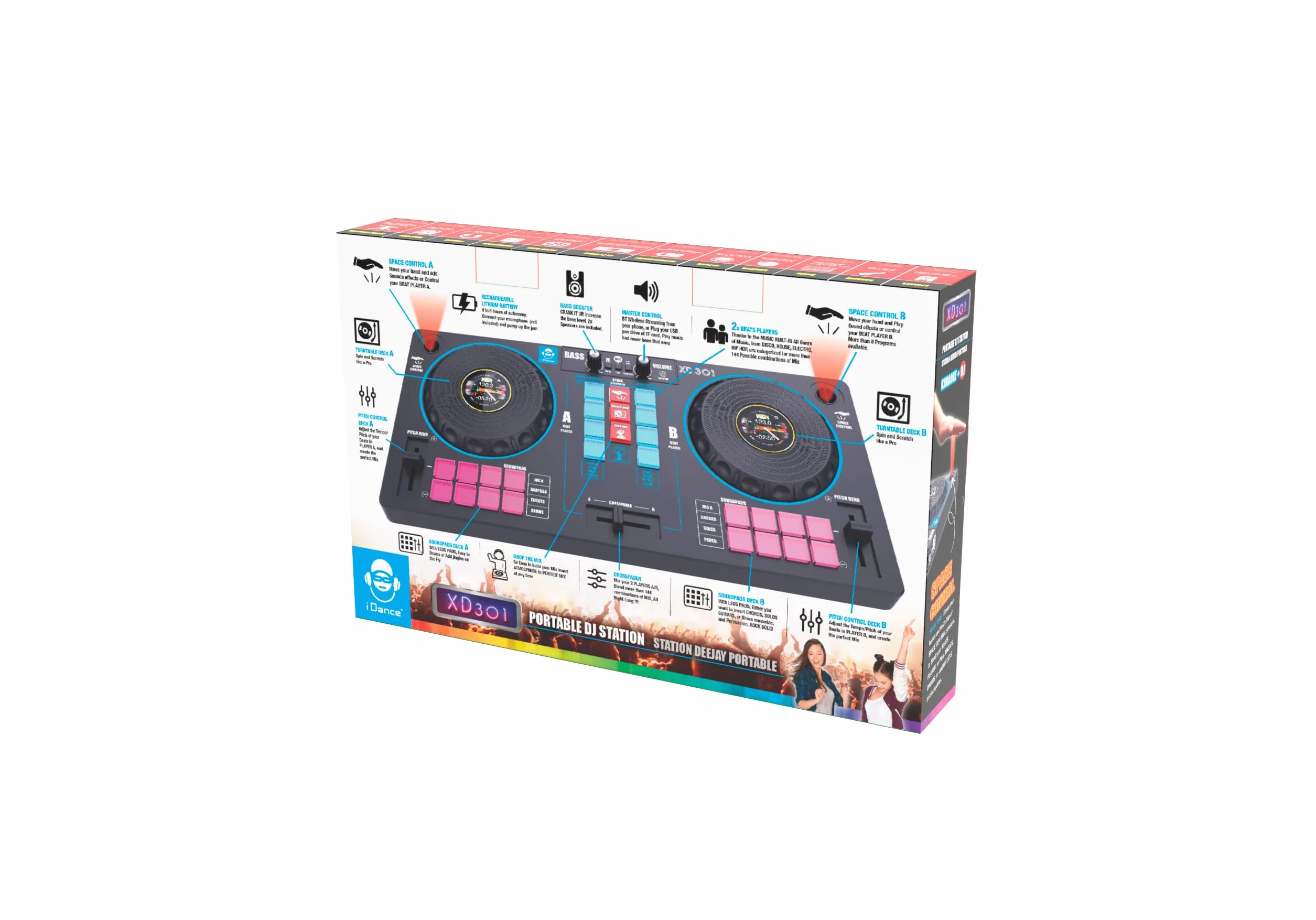 Cefa Toys - Przenośna stacja Dj z głośnikami i sterowaniem kosmicznym 14 w 1, z gramofonem, crossfaderem i ponad 144 kombinacjami miksu, w tym odtwarzacz Bluetooth i USB oraz akumulator