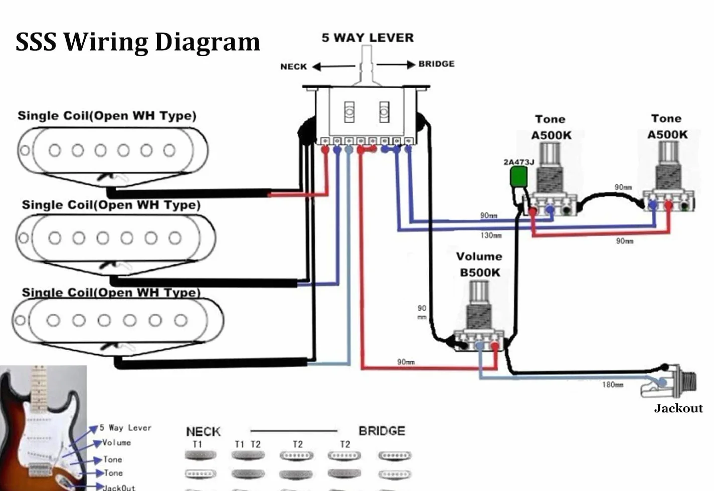 RUNCCI-YUN Prewired Kit, wiązka przewodów do gitary elektrycznej, 2T1 V, 5-drożny przełącznik, 500 K, do części zamiennych, czarna końcówka (obrotowa nasadka audio)
