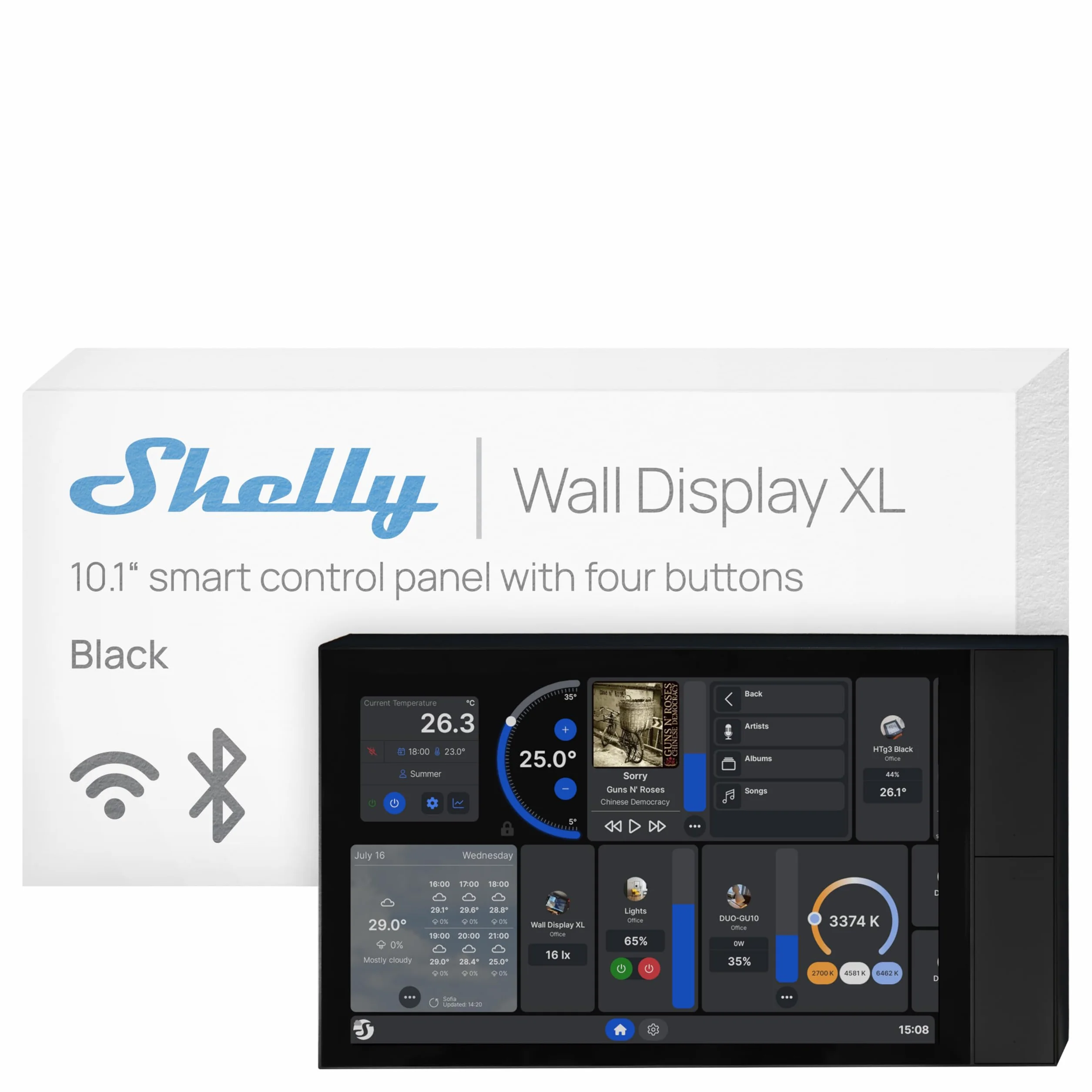 Shelly Wall Display XL czarny – panel sterowania Smart Home, termostat, wbudowany przekaźnik 5A, wymagany przewód neutralny, czujnik LUX, głośnik stereo, centrala sterująca, Alexa i Google Home