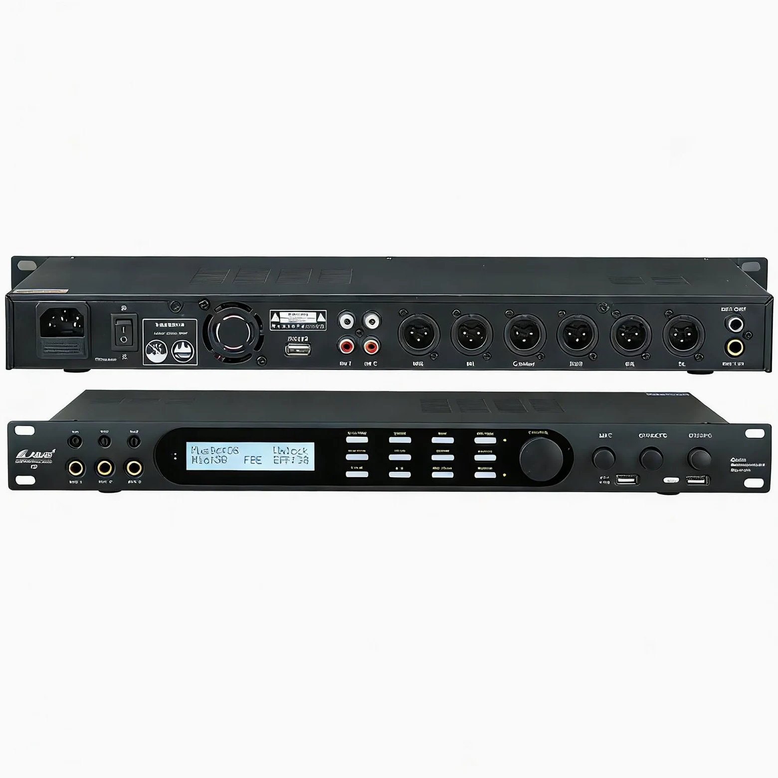 Cyfrowy procesor audio z tłumikiem sprzężenia zwrotnego, pilot zdalnego sterowania, 4 wejścia mikrofonowe, 16 zaprogramowanych efektów, złącze USB do sceny i KTV
