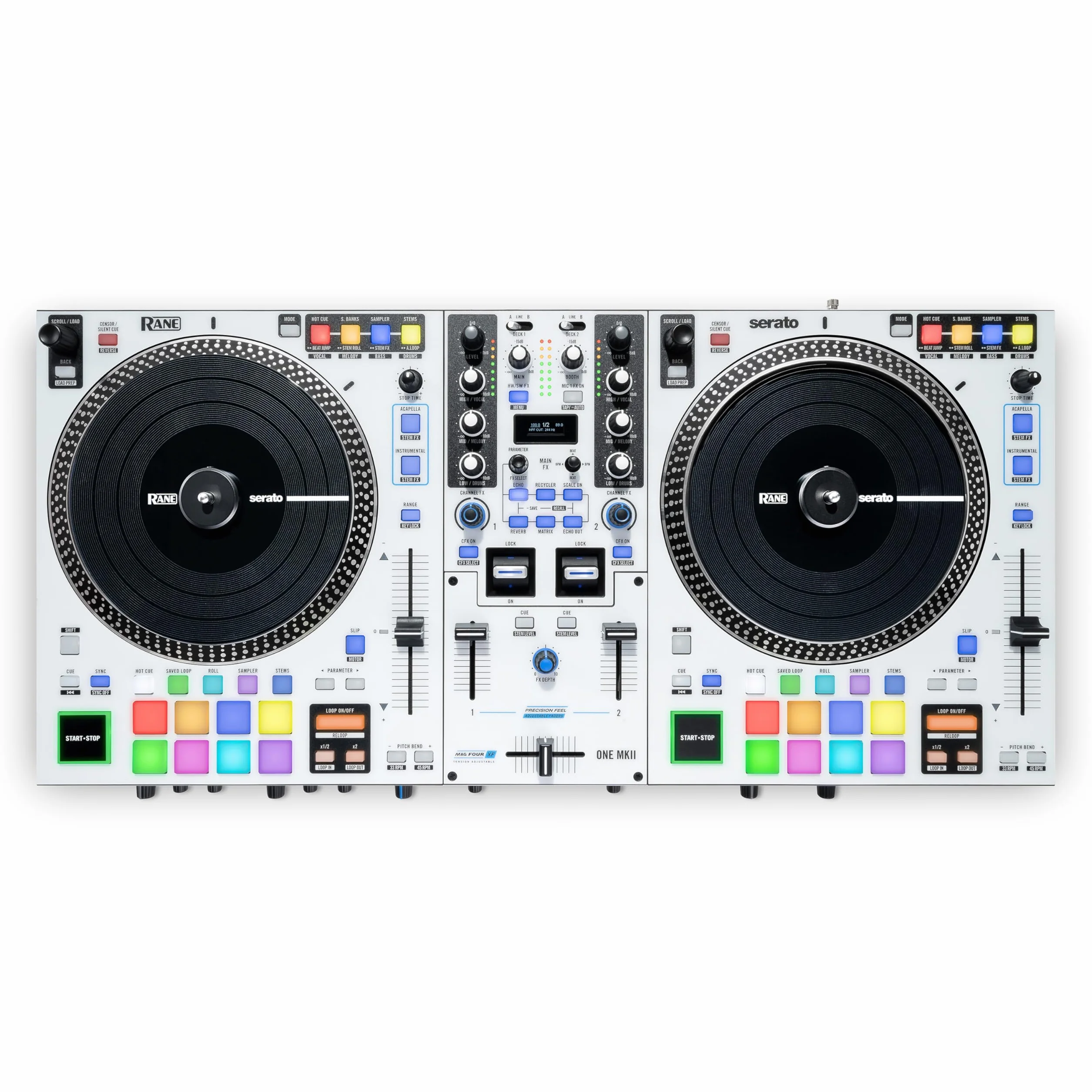 RANE ONE MKII – kontroler Serato DJ z napędem z 2 deckami, wewnętrznymi efektami, zaawansowaną kontrolą stemów dla scratchujących DJ-ów, do klubów i na imprezy