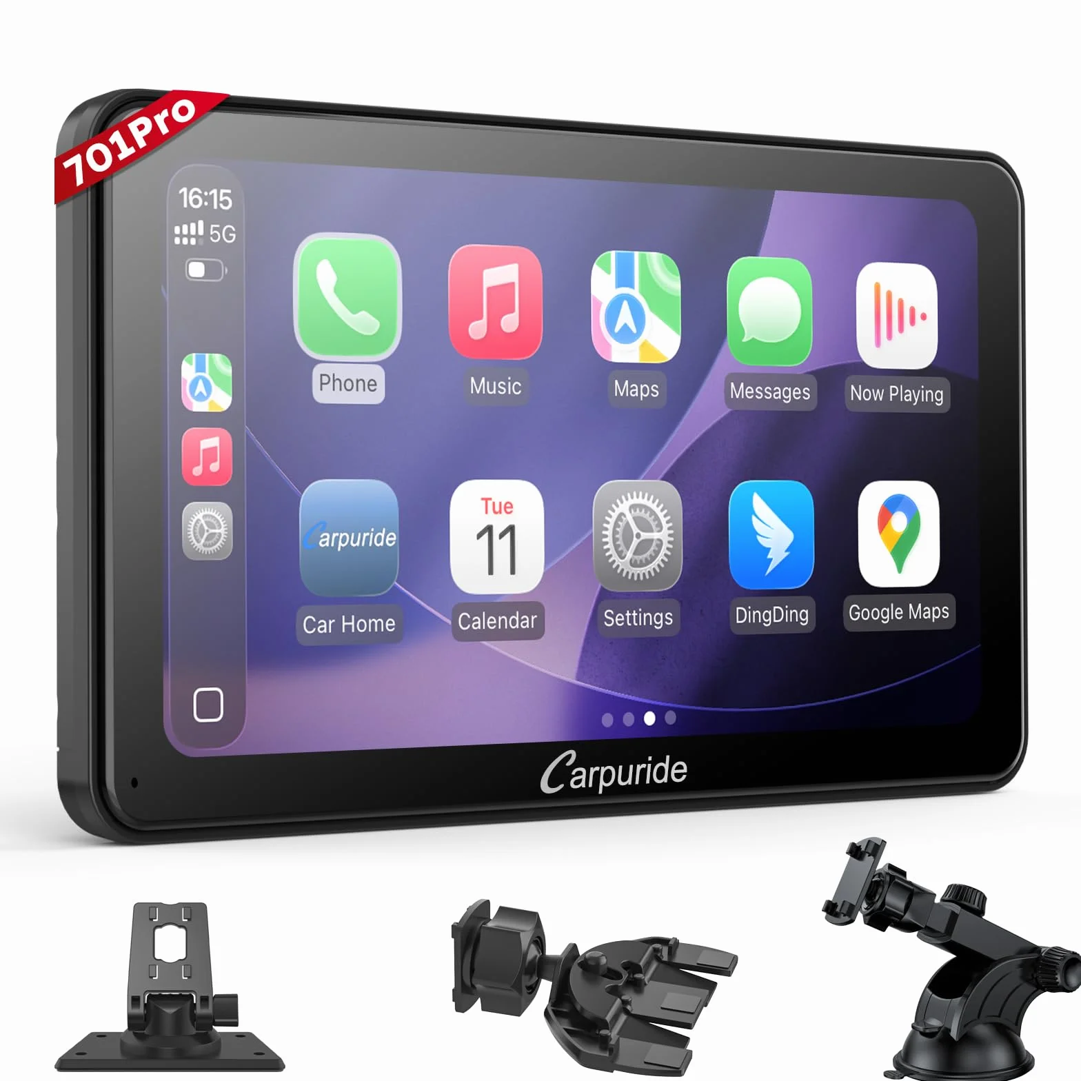 Carpuride W701 Pro z bezprzewodową transmisją Bluetooth, przenośne radio samochodowe z CarPlay i Android Auto, 7-calowy ekran dotykowy 1080p, MirrorLink/GPS/Siri/FM, w zestawie 3 uchwyty