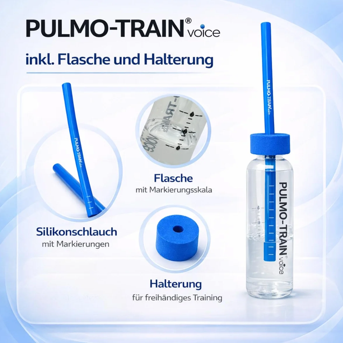 Oryginalny wąż silikonowy PULMO-TRAIN Voice do treningu głosu w różnych kolorach – wąż, butelka i uchwyt – nadaje się do treningu mowy i śpiewu (przezroczysty, 1 zestaw)