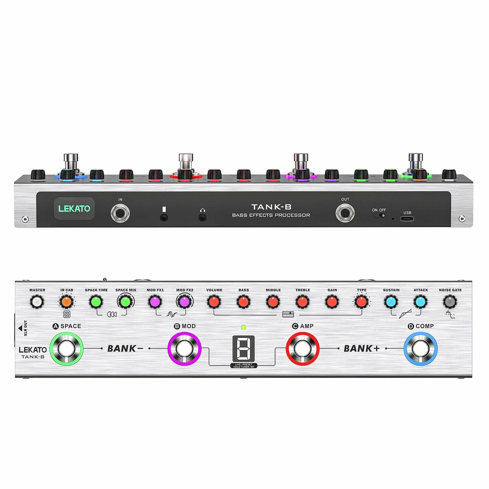 Bass Multi Effects, LEKATO Bass Effect z 36 edytowalnymi ustawieniami, kompresorem, przestrzenią, MOD, reverb, funkcją ładowania na podczerwień, nagrywanie, tuner, wbudowana bateria, połączenie