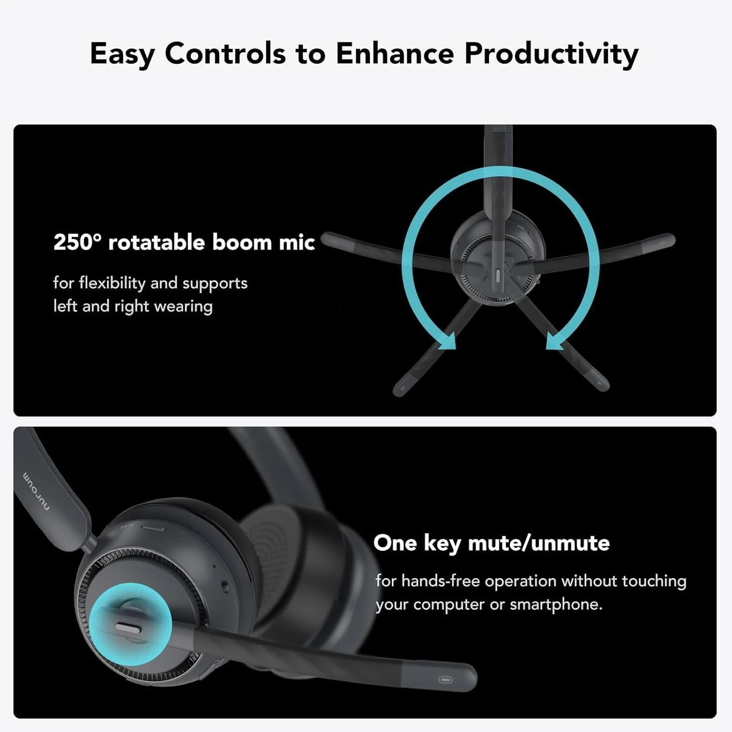 Nuroum HP31DU(2. generacji) zestaw słuchawkowy Bluetooth z mikrofonem, bezprzewodowy mikrofon z redukcją szumów do rozmów telefonicznych z podwójnym połączeniem z wyciszeniem/USB Dongle, czas pracy 45