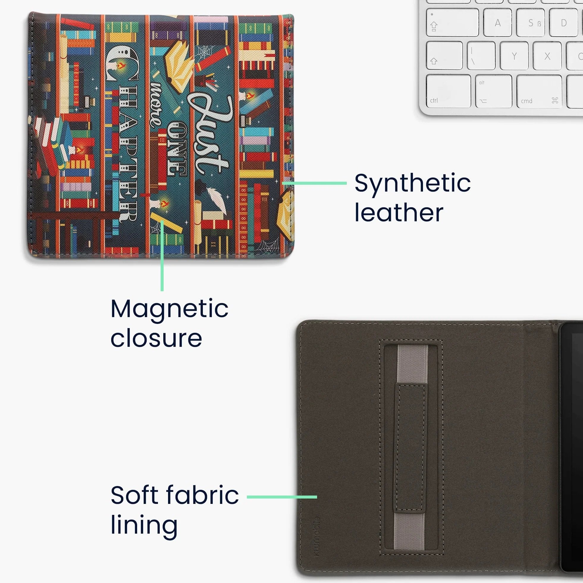 kwmobile Etui kompatybilne z Amazon Kindle Oasis 10. generacji - etui PU pokrowiec z paskiem - biblioteka Motto wielokolorowe