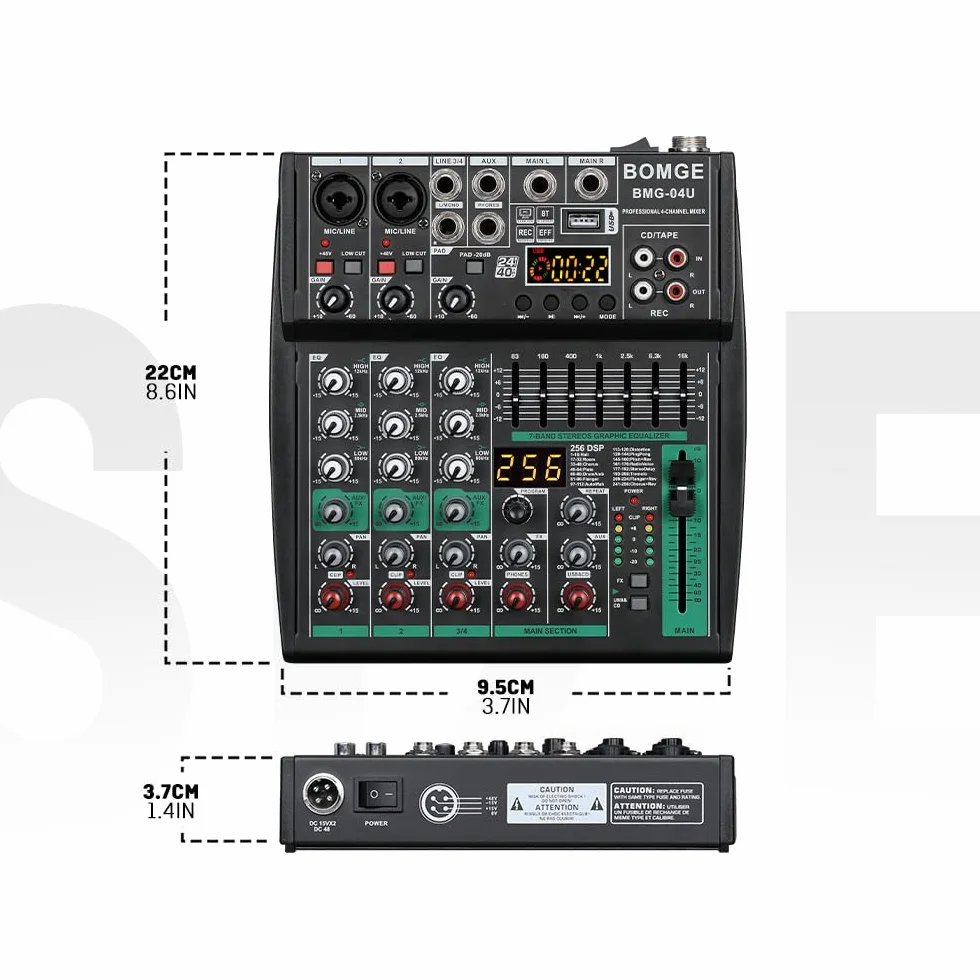 BOMGE Profesjonalny mikser audio DJ, 4-8-kanałowy mikser DJ, mikser dźwięku Bluetooth, obsługuje wejście komputerowe USB/MP3/BT, zasilanie fantomowe 256DSP, 48 V nadaje się do nagrywania