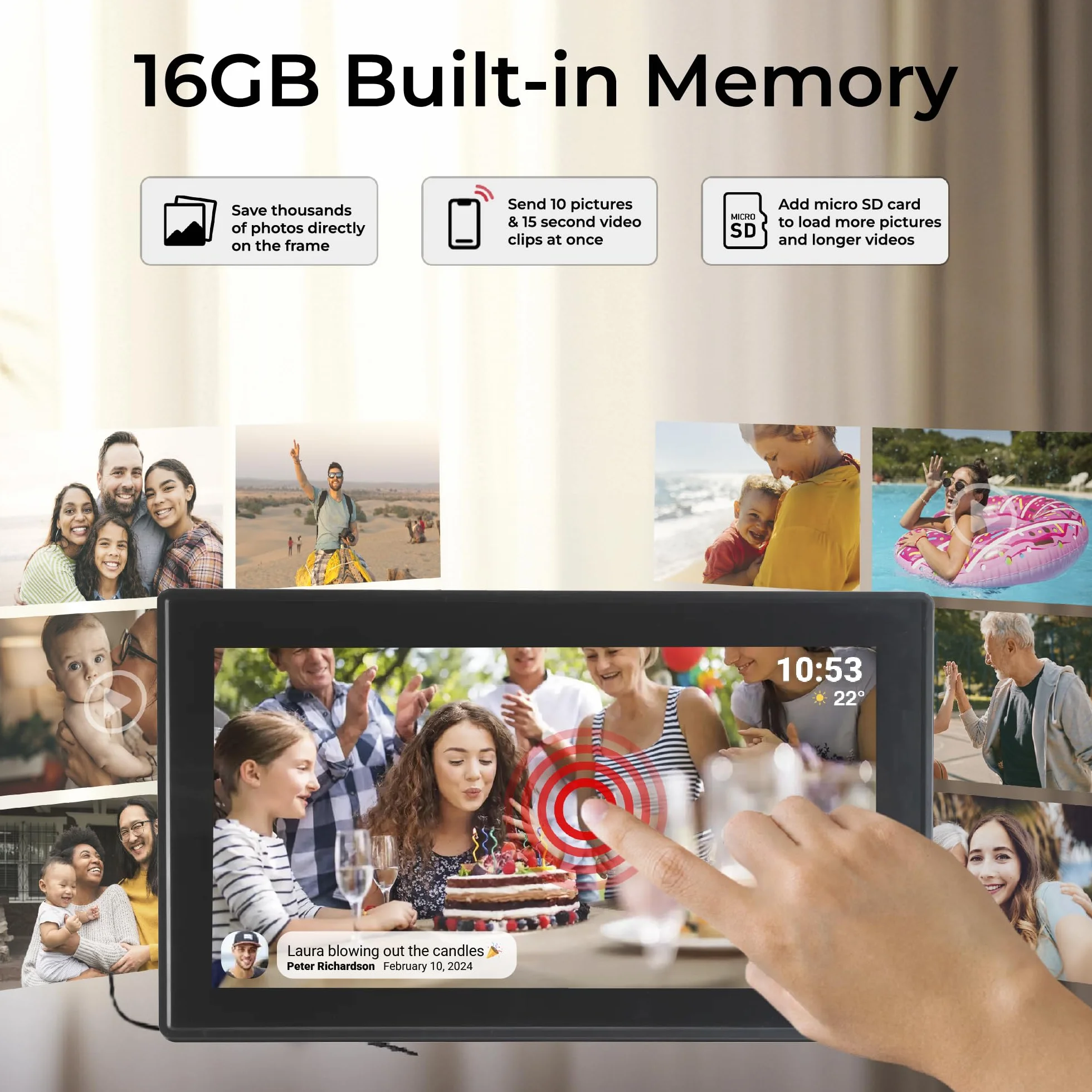 Denver PFF-1515B cyfrowa ramka na zdjęcia Wi-Fi – ekran dotykowy Full HD IPS 15,6", zintegrowane oprogramowanie FRAMEO, bezprzewodowe udostępnianie, automatyczne wyłączanie nocne, pamięć 16 GB, czarna