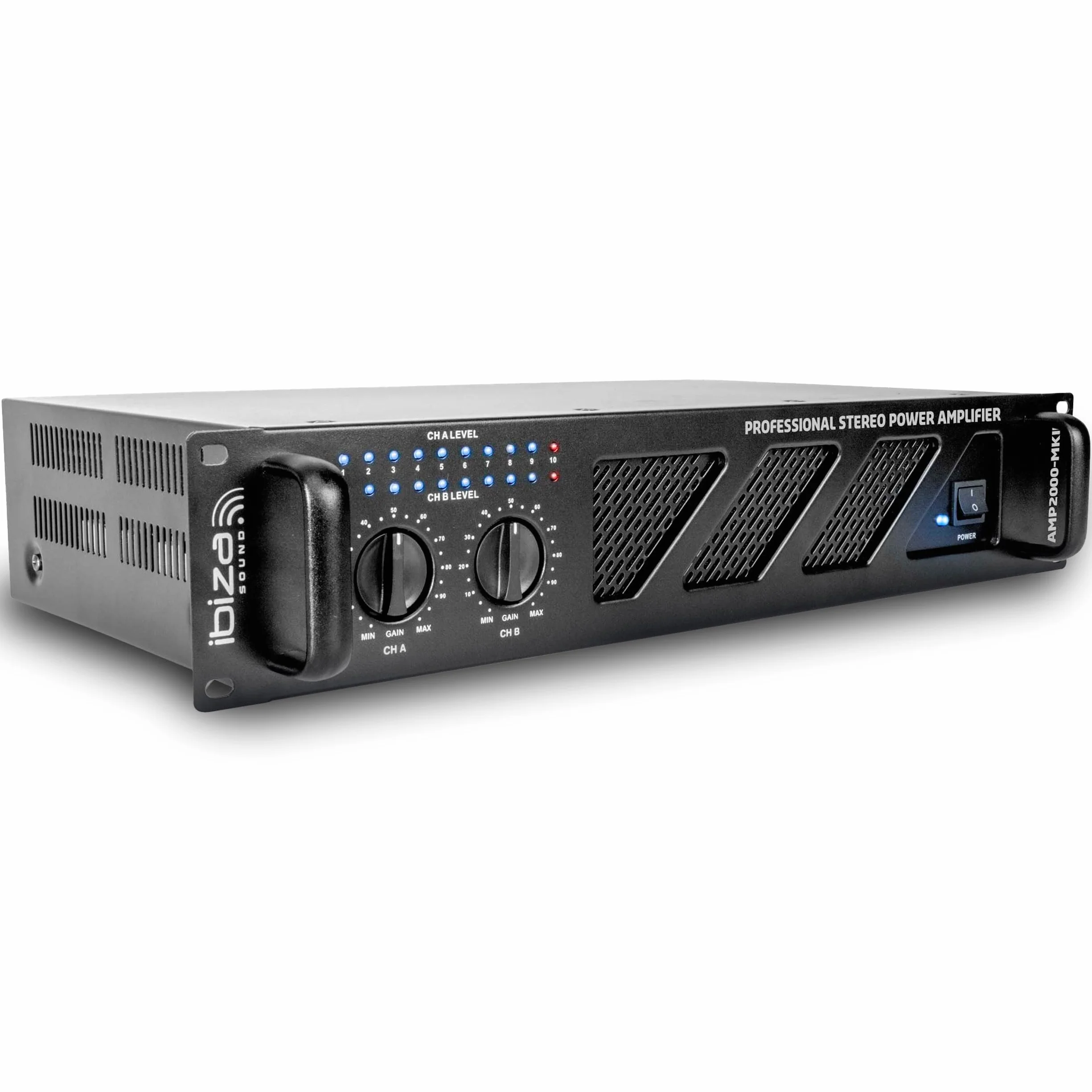 Ibiza - AMP2000-MKII - Profesjonalny wzmacniacz PA 2x1500W z wejściami XLR/Jack i wyjściami Speakon/Borne - Możliwość montażu w szafie 19" - Czarny