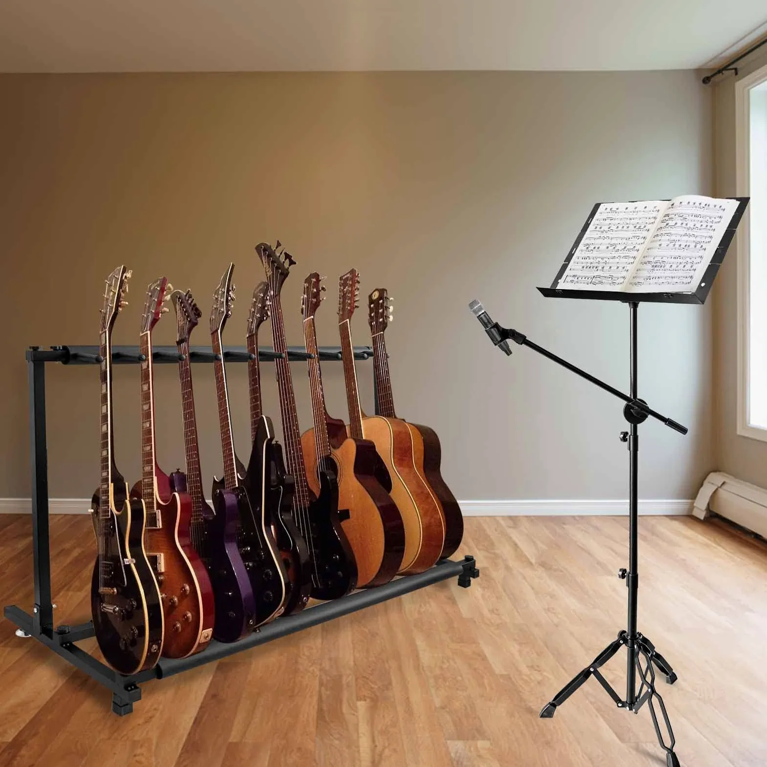 Stojak na gitarę, stojak na bas, 9 uchwytów na gitarę elektryczną, akustyczną, składane stojaki podłogowe z aluminium (9 miejsc)