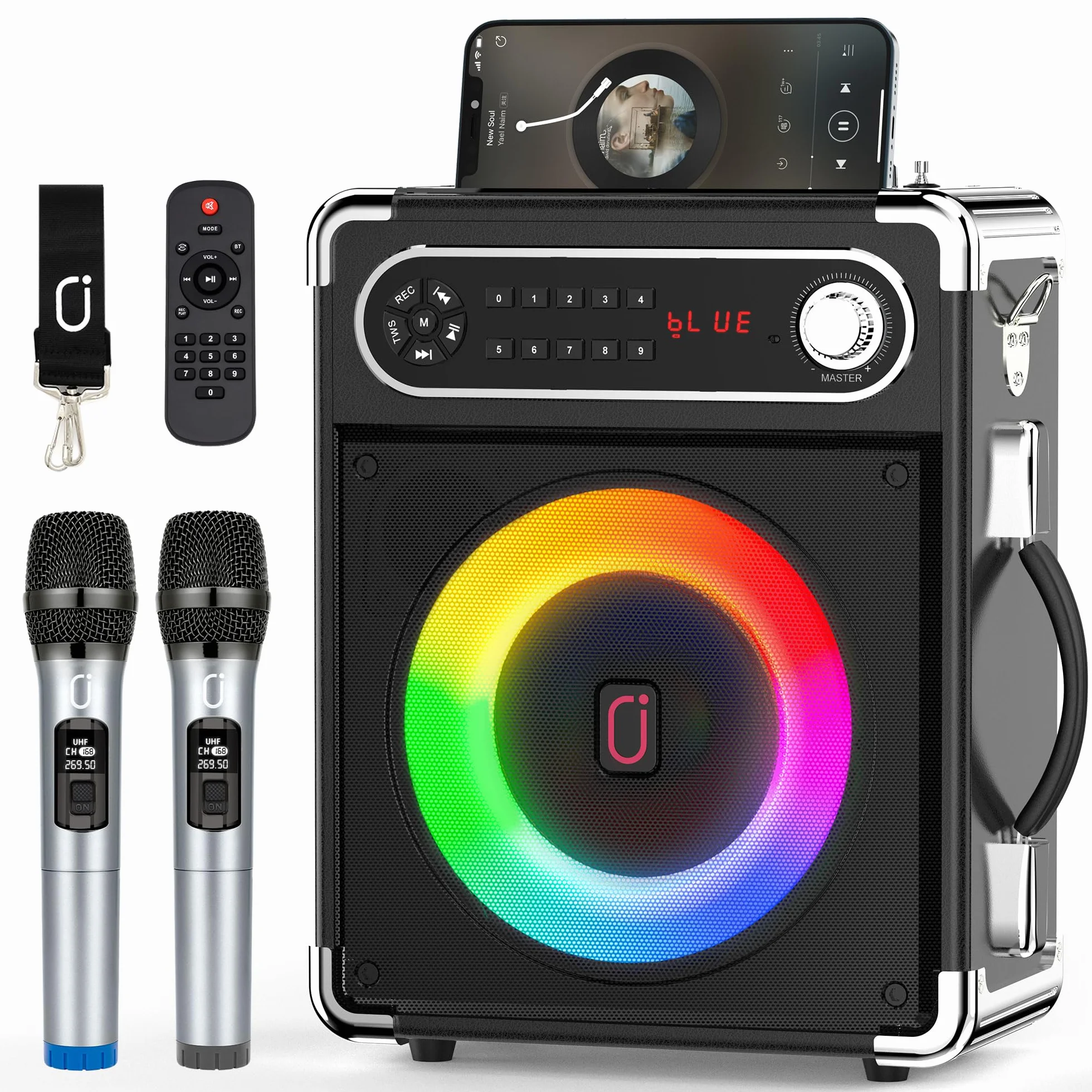 JYX Zestaw do karaoke z 2 bezprzewodowymi mikrofonami, przenośny system PA głośnik karaoke wysokie tony/bas i światło LED, obsługuje TWS, radio USB/TF/FM, Rec, zasilanie na imprezę, na zewnątrz,